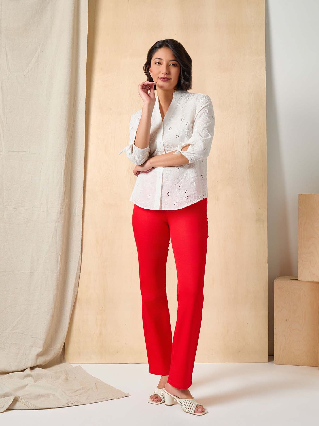 Button Front Tie-Sleeve Shirt, Cotton Eyelet