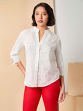 Button Front Tie-Sleeve Shirt, Cotton Eyelet