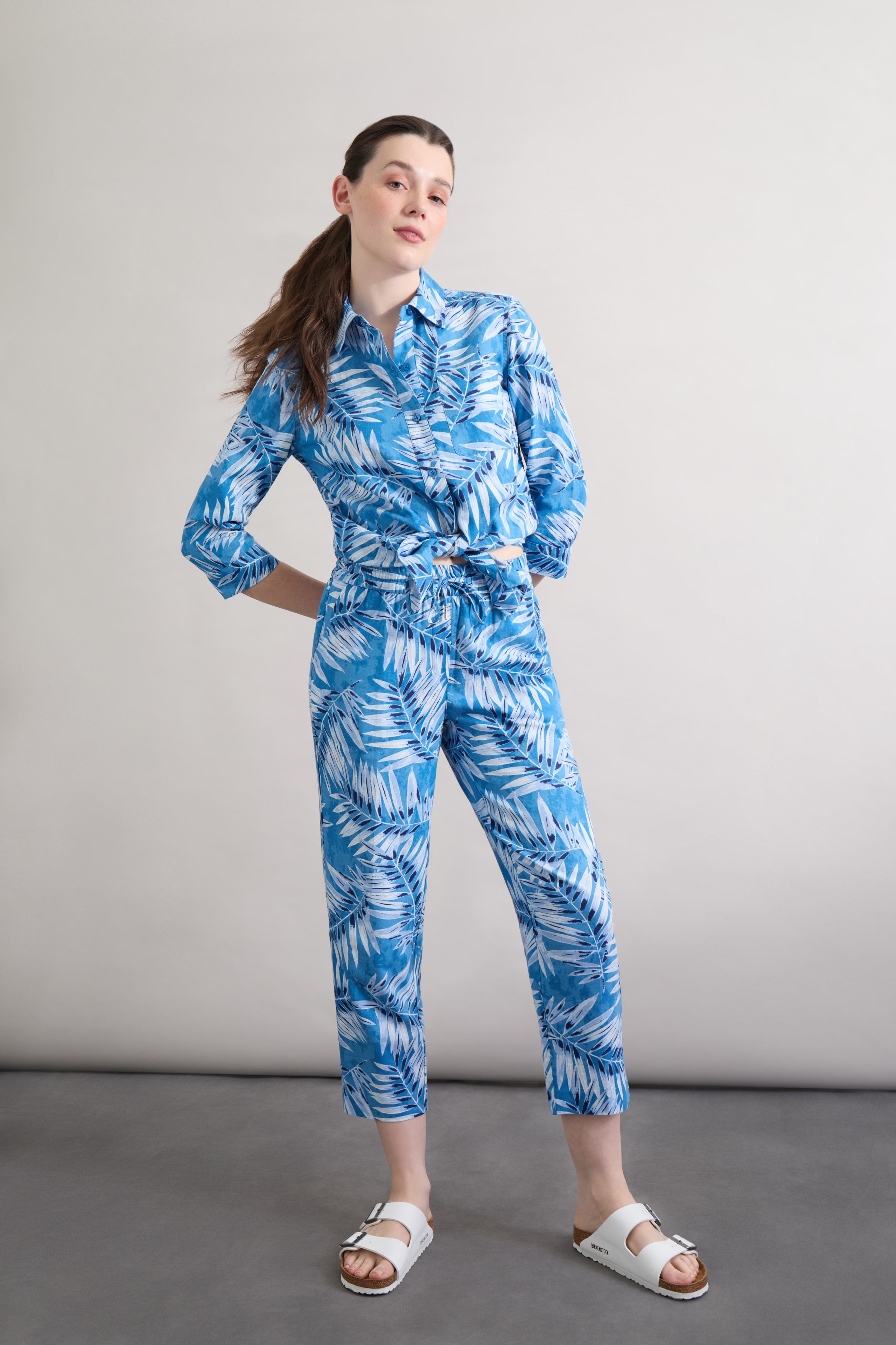 Button Front Tropical Shirt, Printed Linen Blend