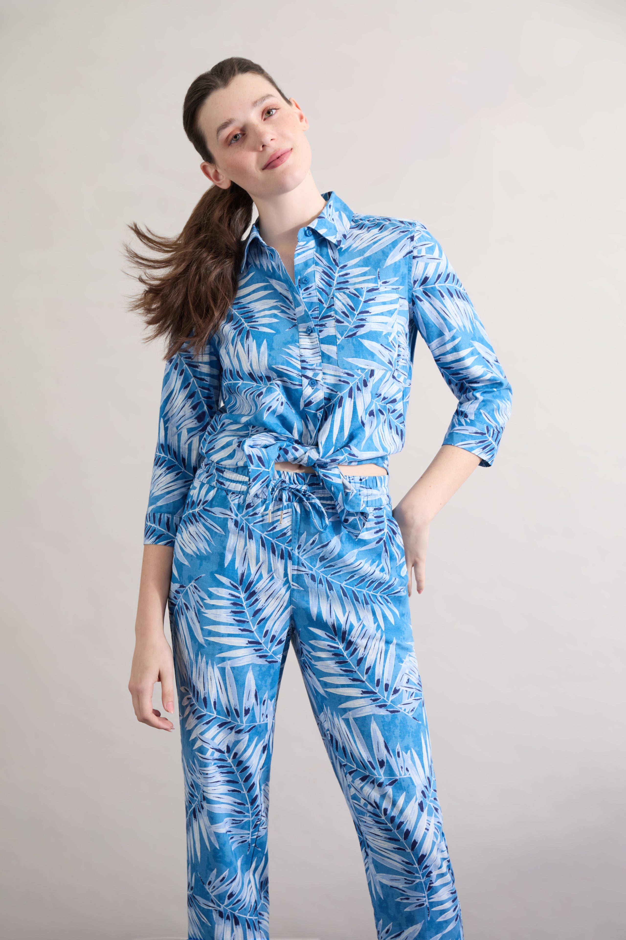 Button Front Tropical Shirt, Printed Linen Blend