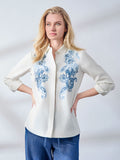 Button-Front Embroidered Blouse, Linen Blend