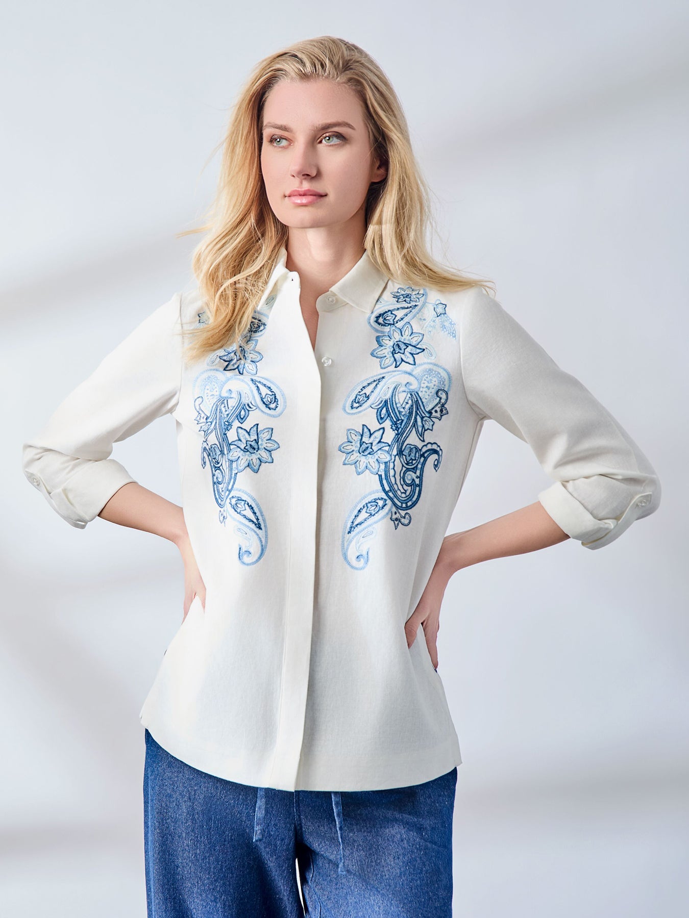 Button-Front Embroidered Blouse, Linen Blend