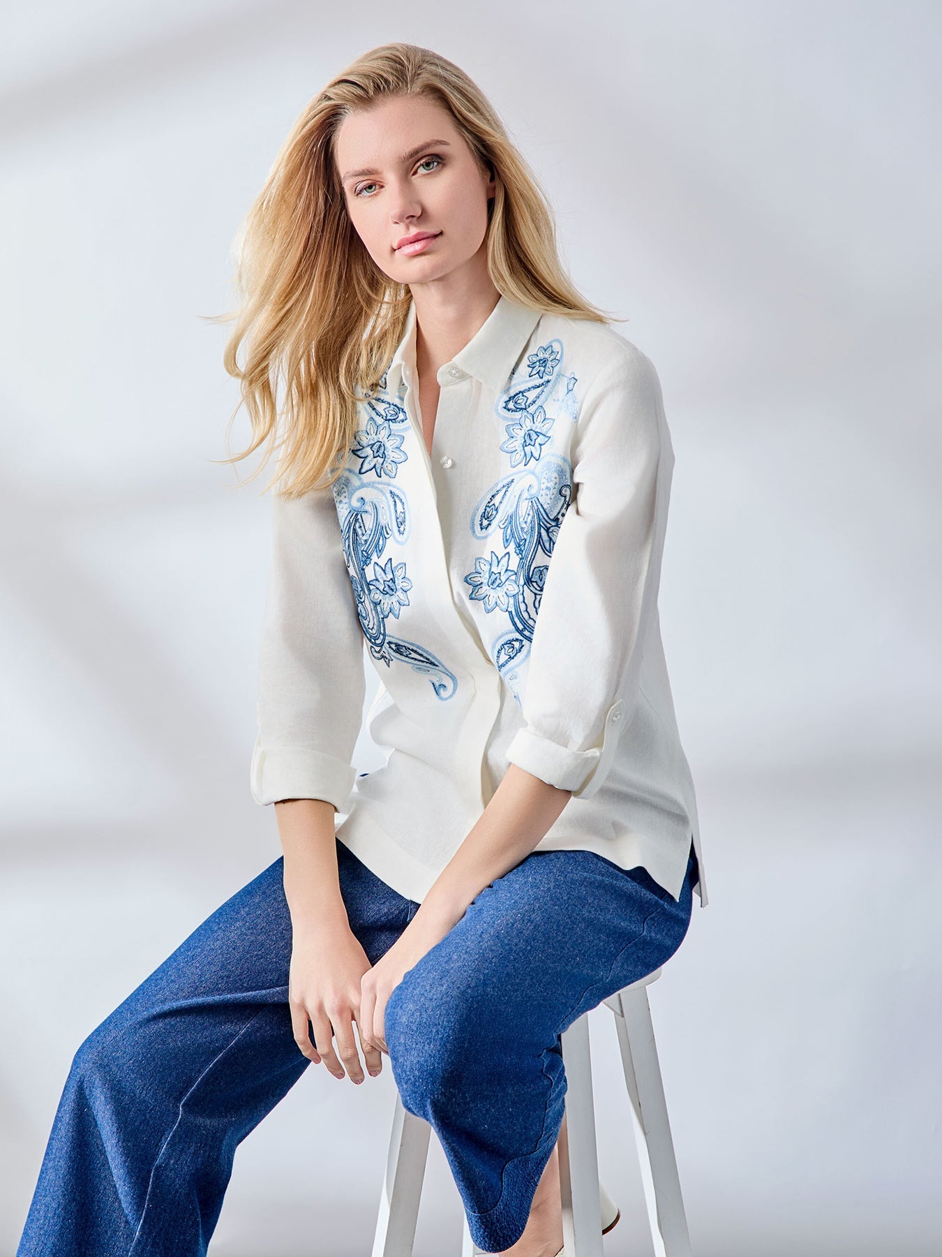 Button-Front Embroidered Blouse, Linen Blend