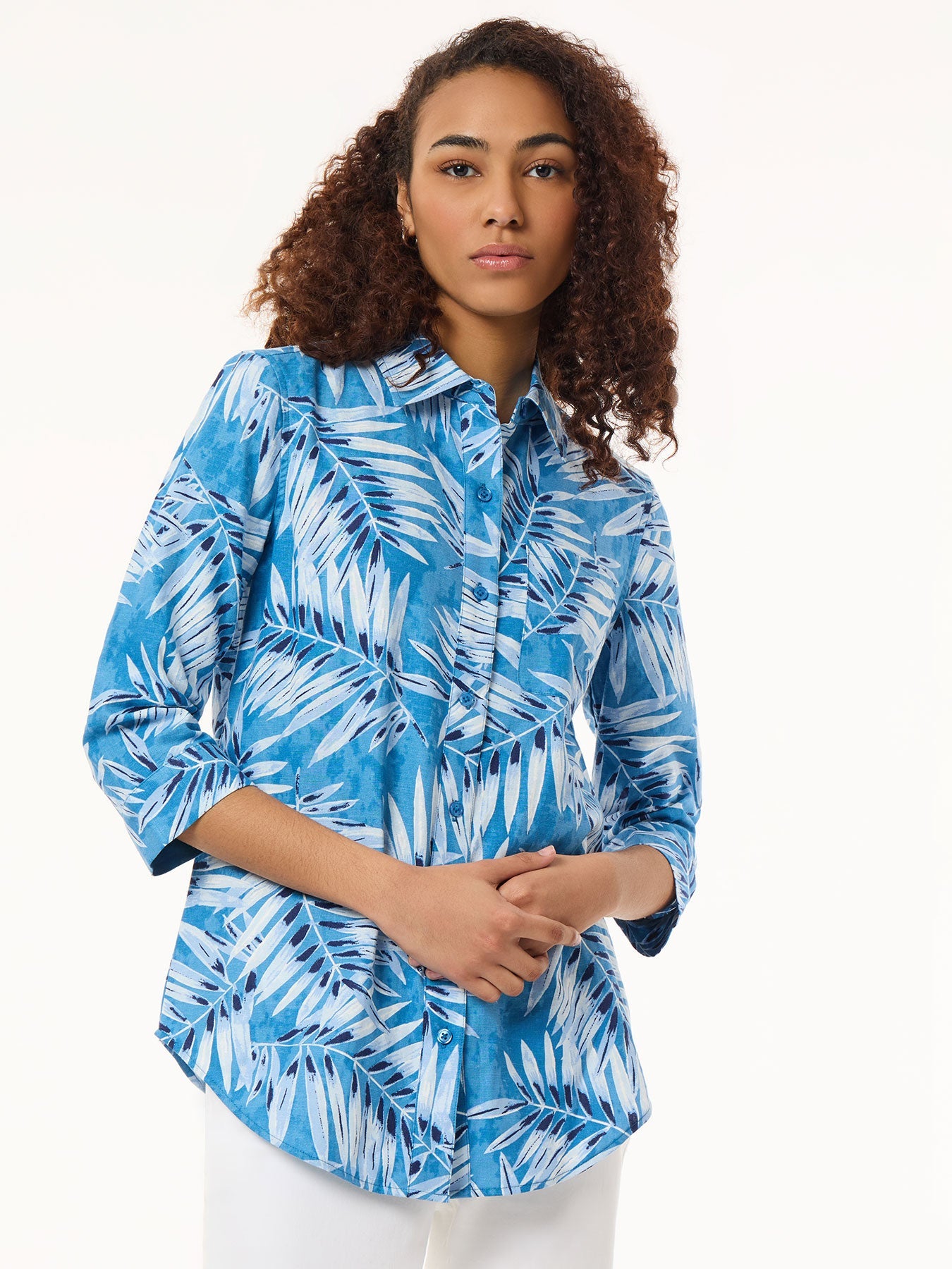 Button Front Tropical Shirt, Printed Linen Blend
