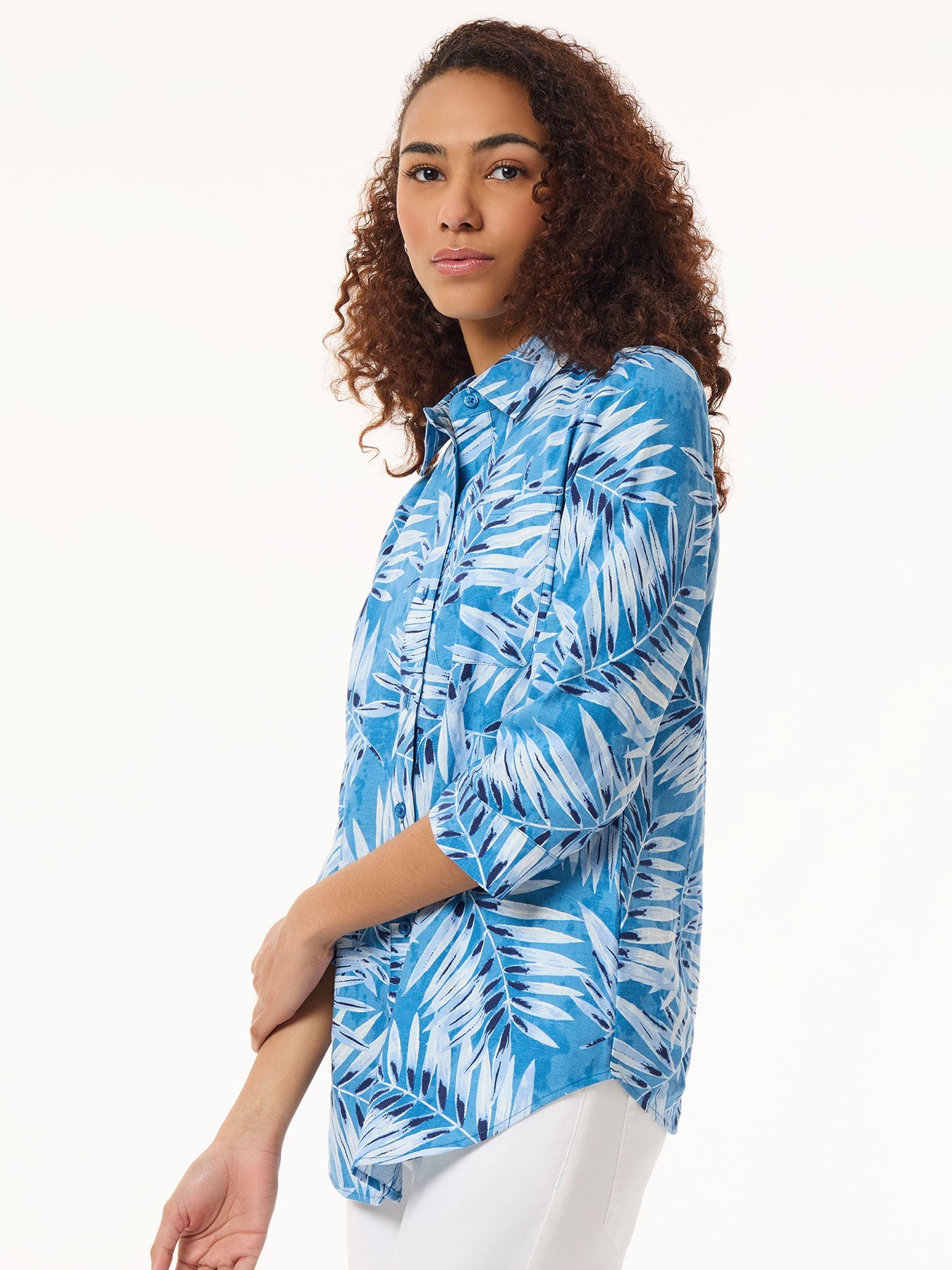 Button Front Tropical Shirt, Printed Linen Blend