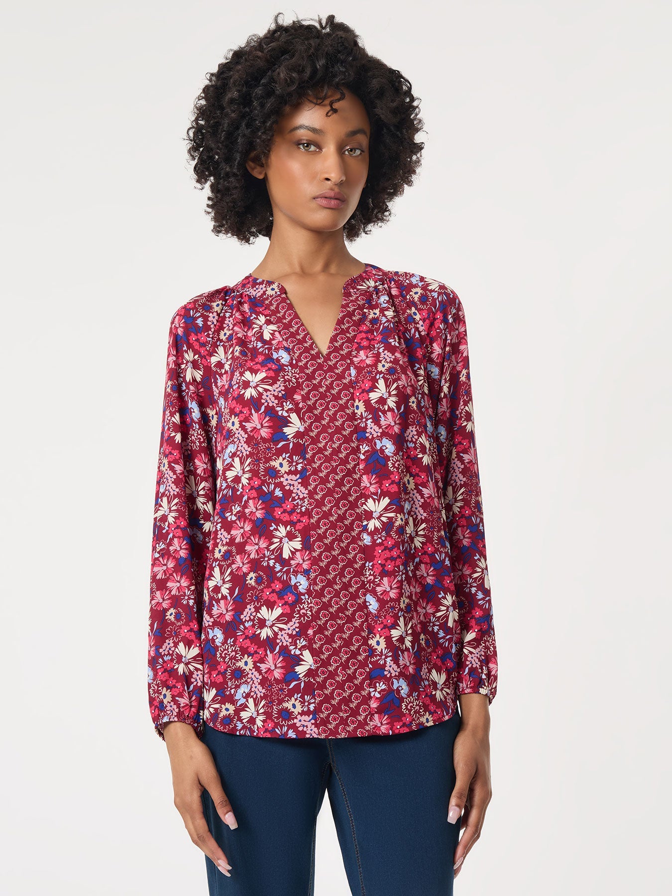 Printed Long Sleeve Raglan Blouse, Crepe De Chine