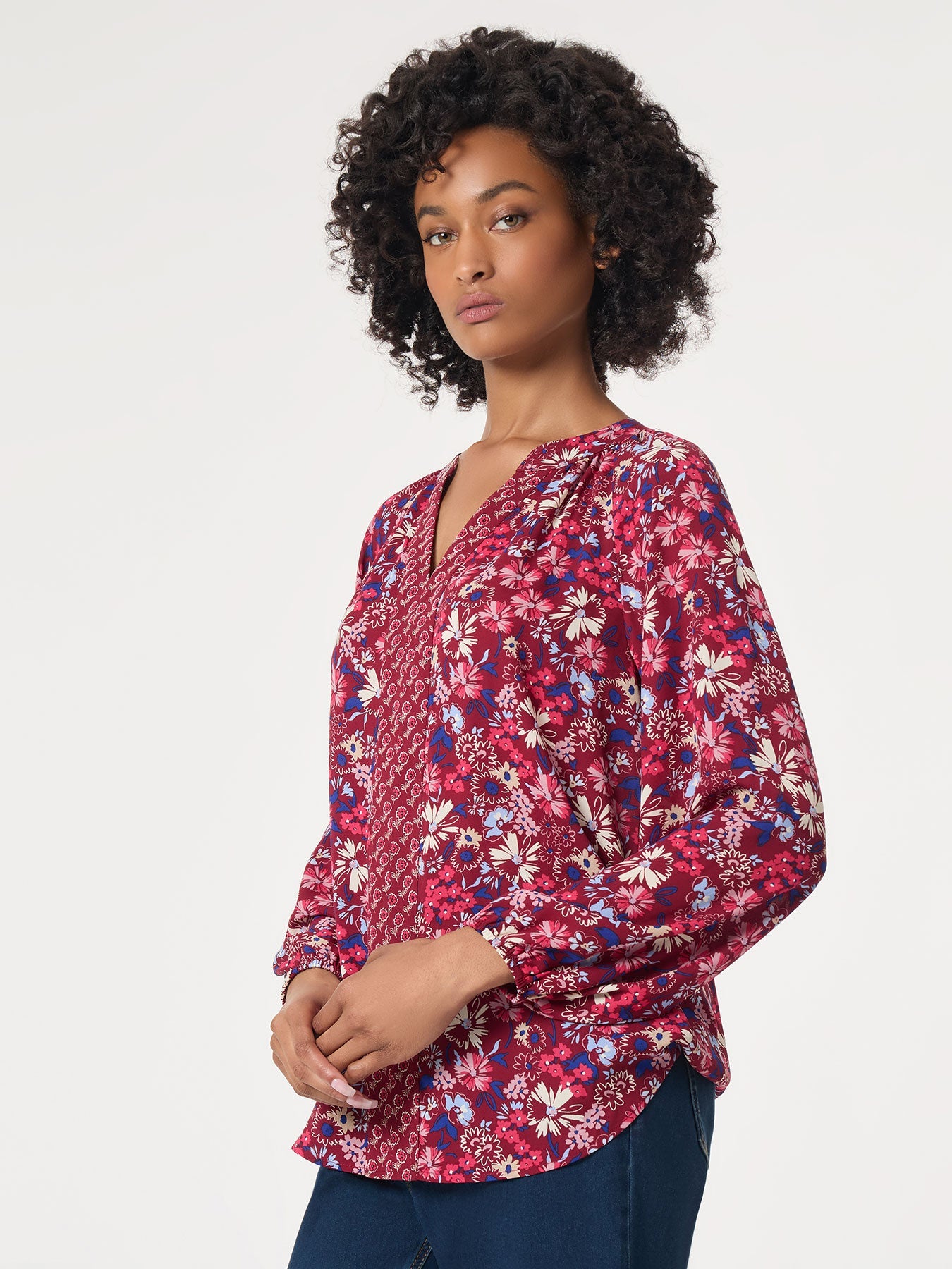 Printed Long Sleeve Raglan Blouse, Crepe De Chine