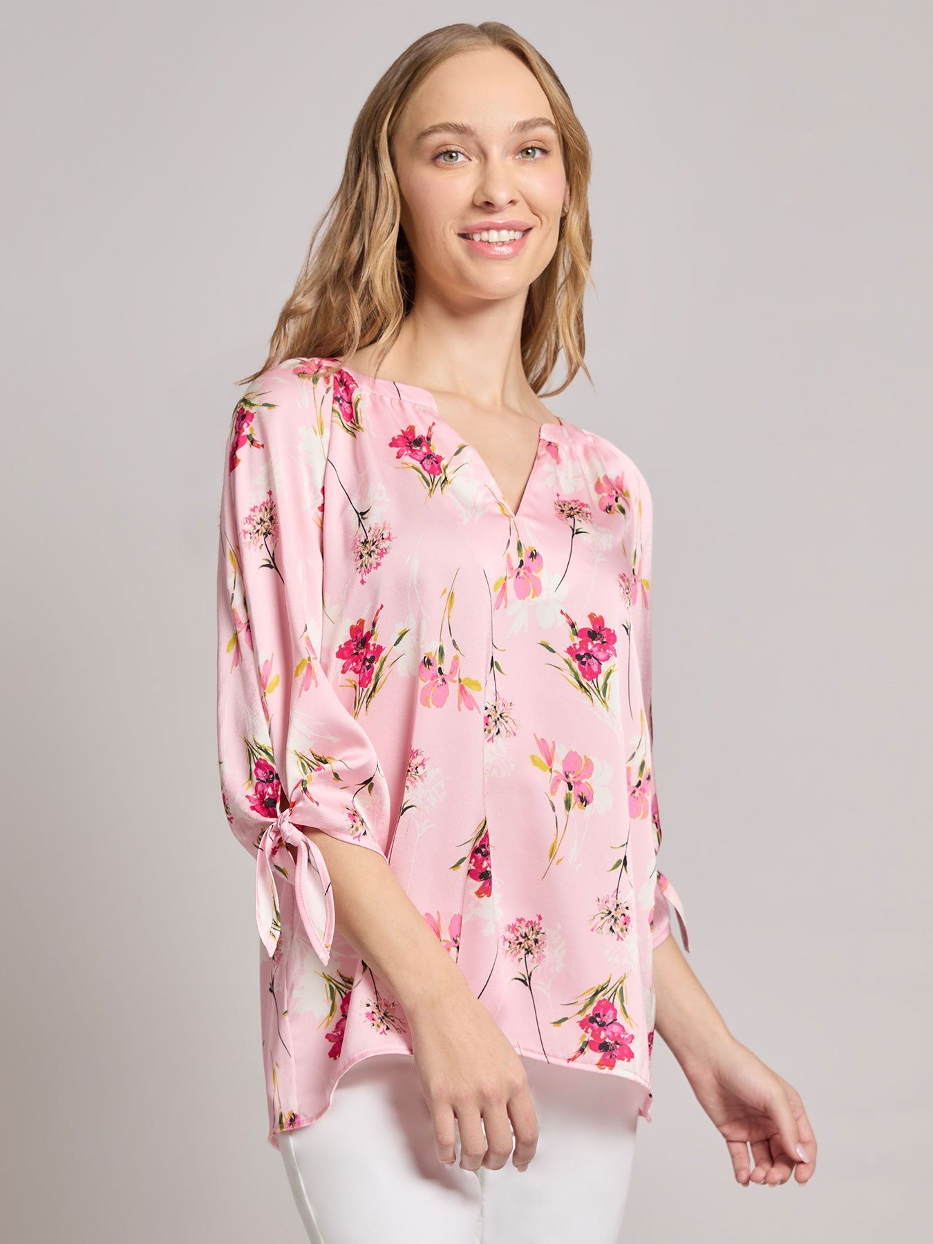 Petite V-Neck Tie-Sleeve Blouse, Hammered Satin