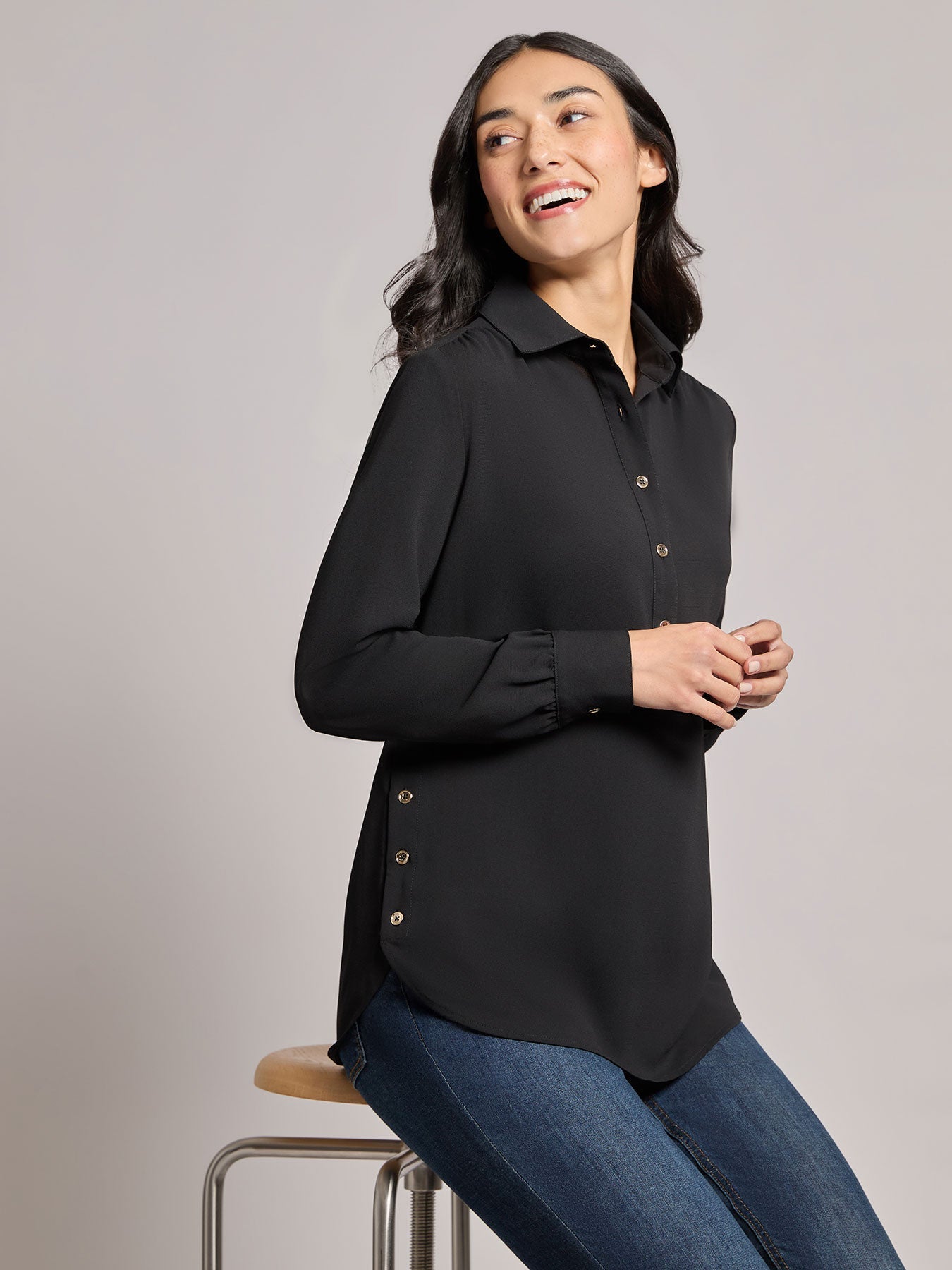Long Sleeve Collared Popover Blouse, Crepe de Chine