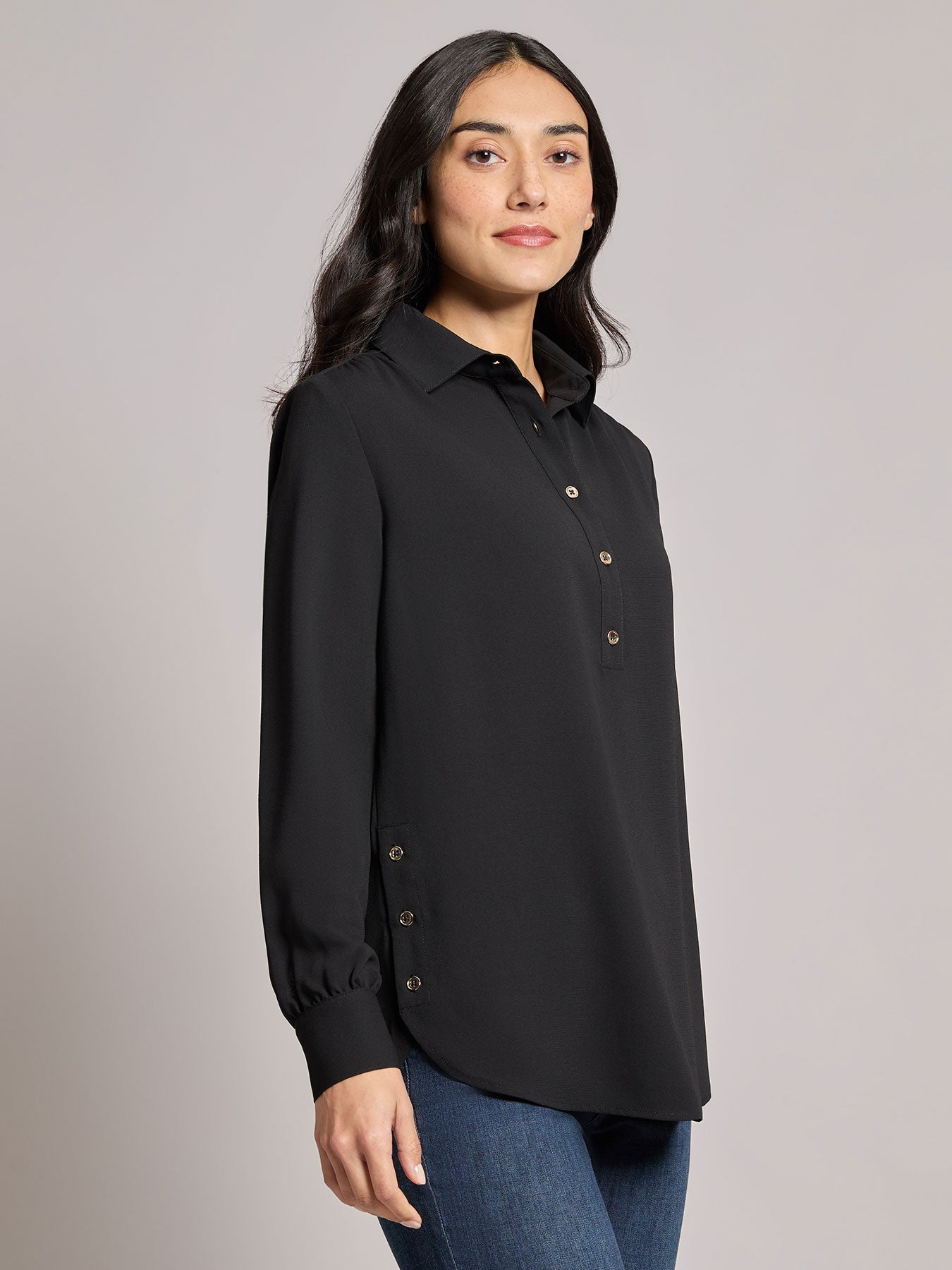Long Sleeve Collared Popover Blouse, Crepe de Chine
