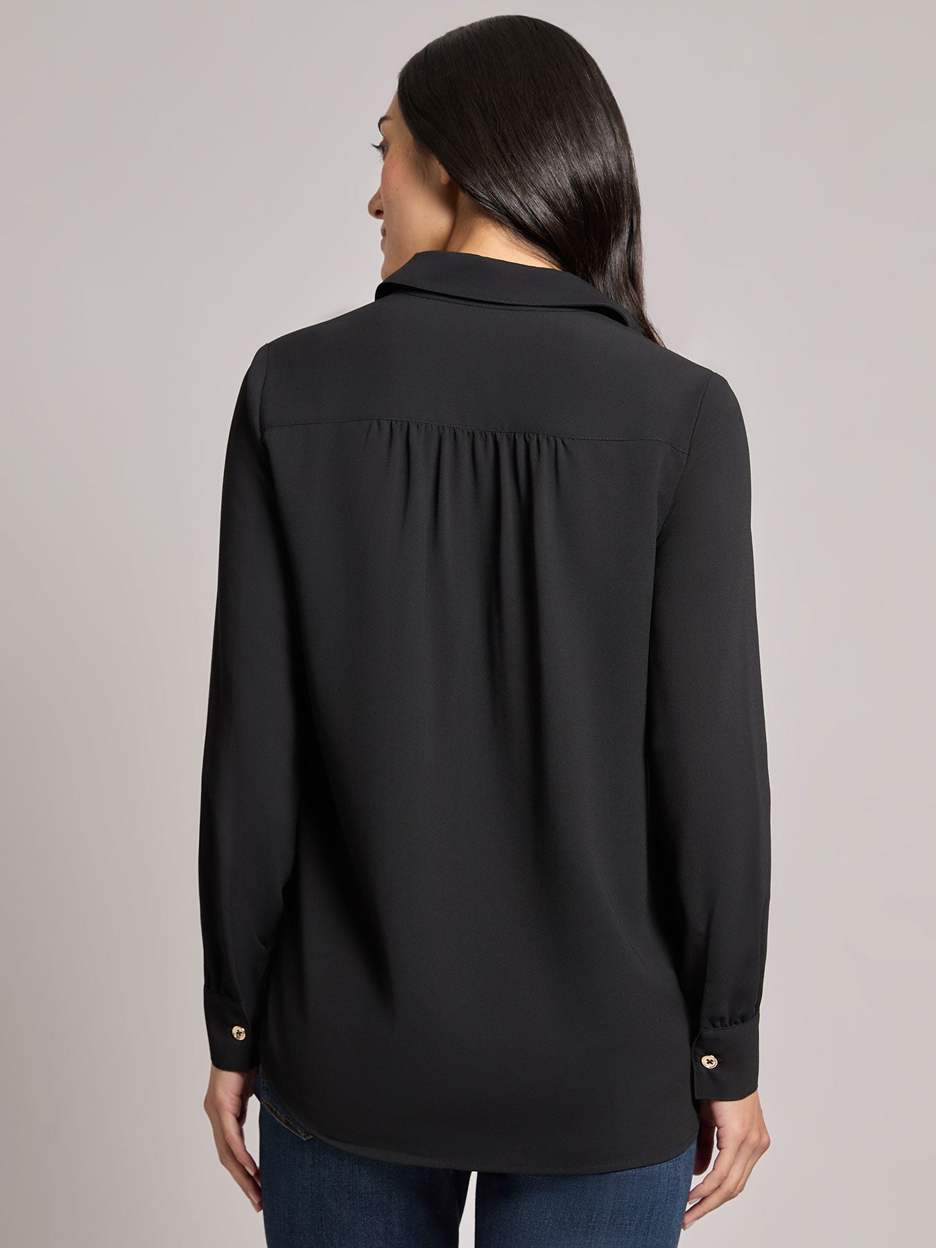 Long Sleeve Collared Popover Blouse, Crepe de Chine