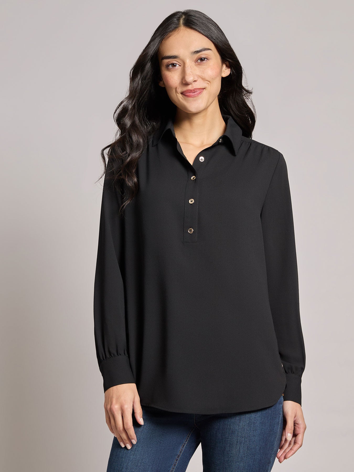 Long Sleeve Collared Popover Blouse, Crepe de Chine