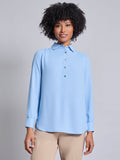 Long Sleeve Collared Popover Blouse, Crepe De Chine