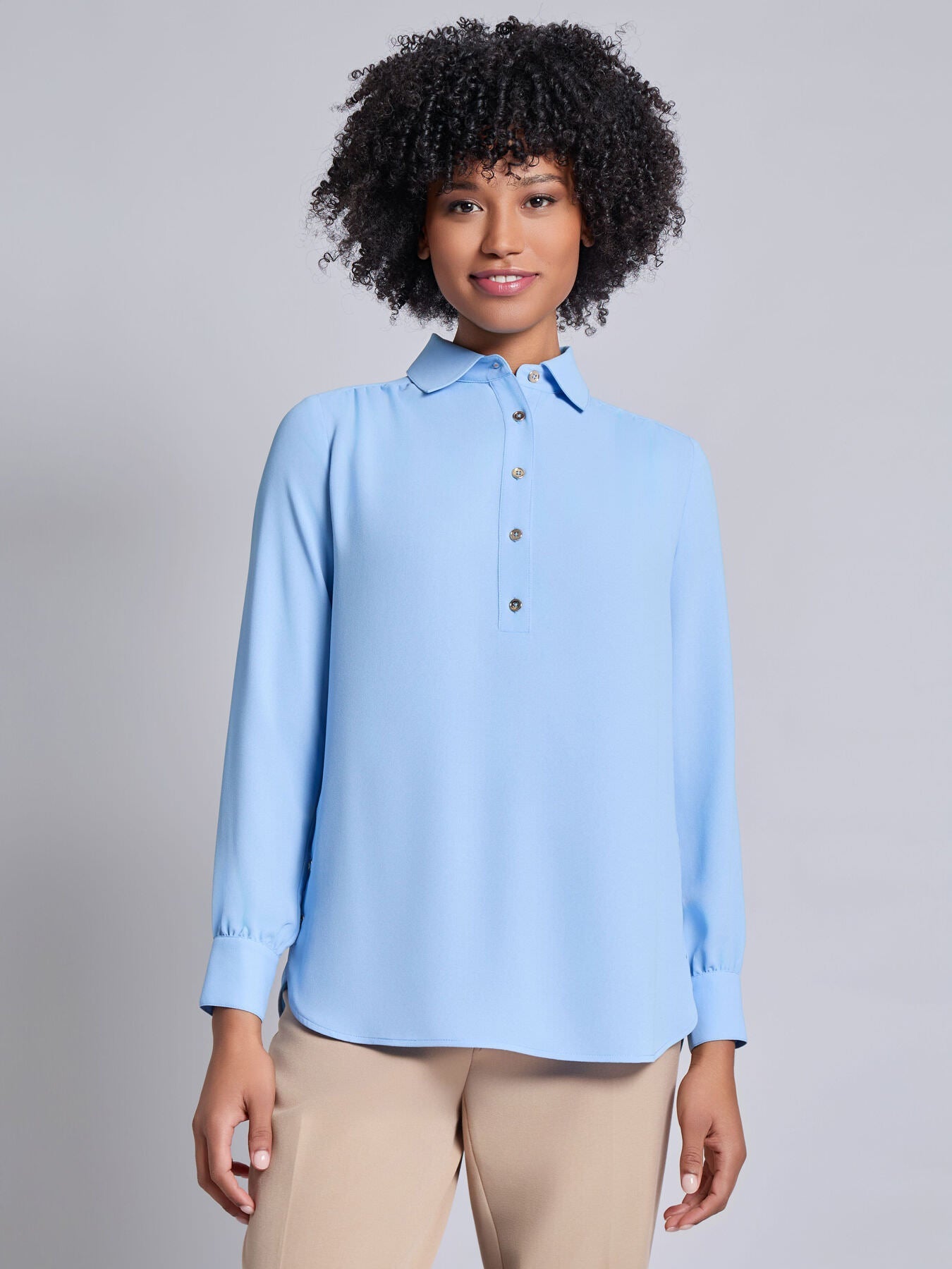Long Sleeve Collared Popover Blouse, Crepe De Chine