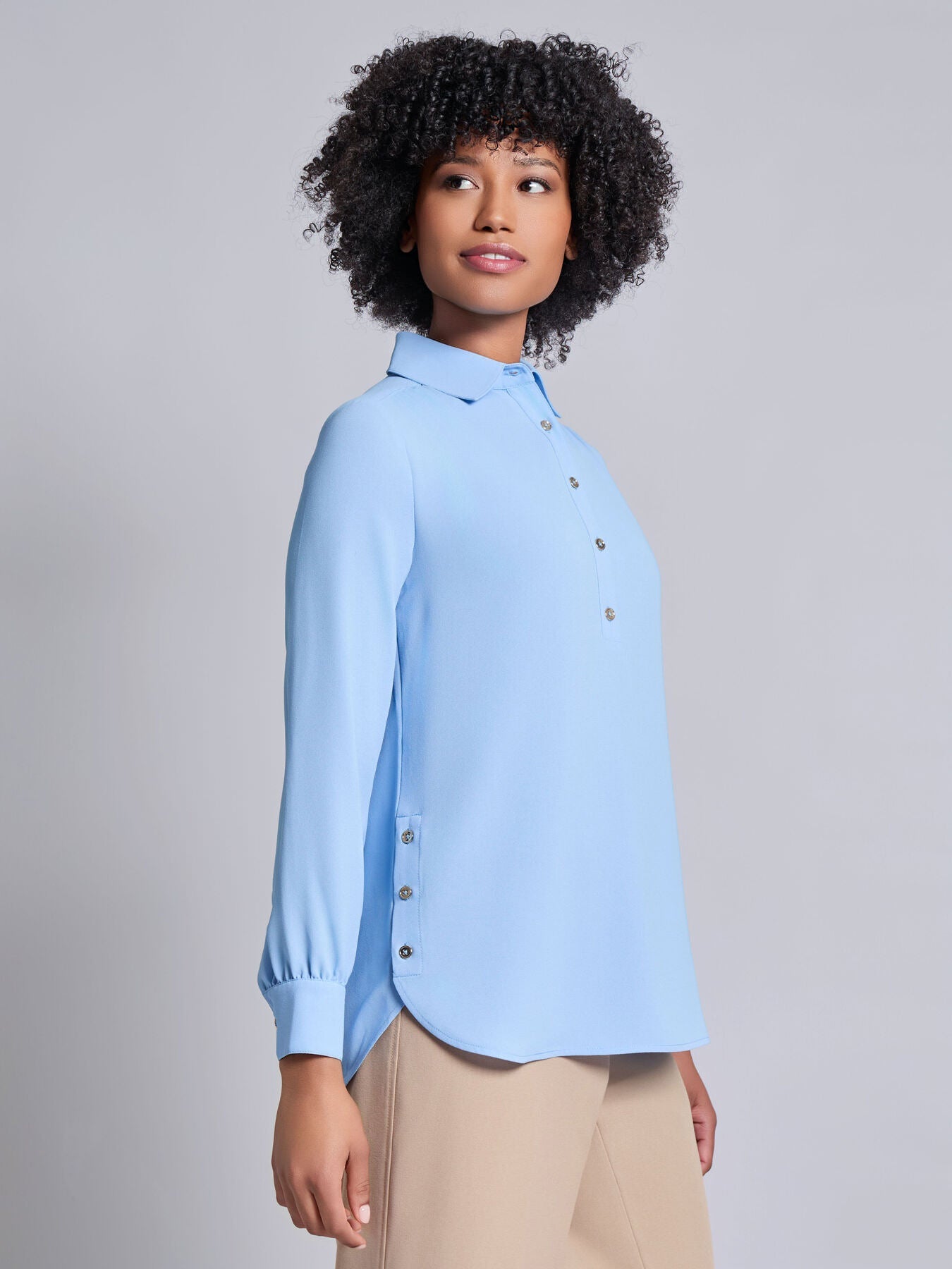 Long Sleeve Collared Popover Blouse, Crepe De Chine