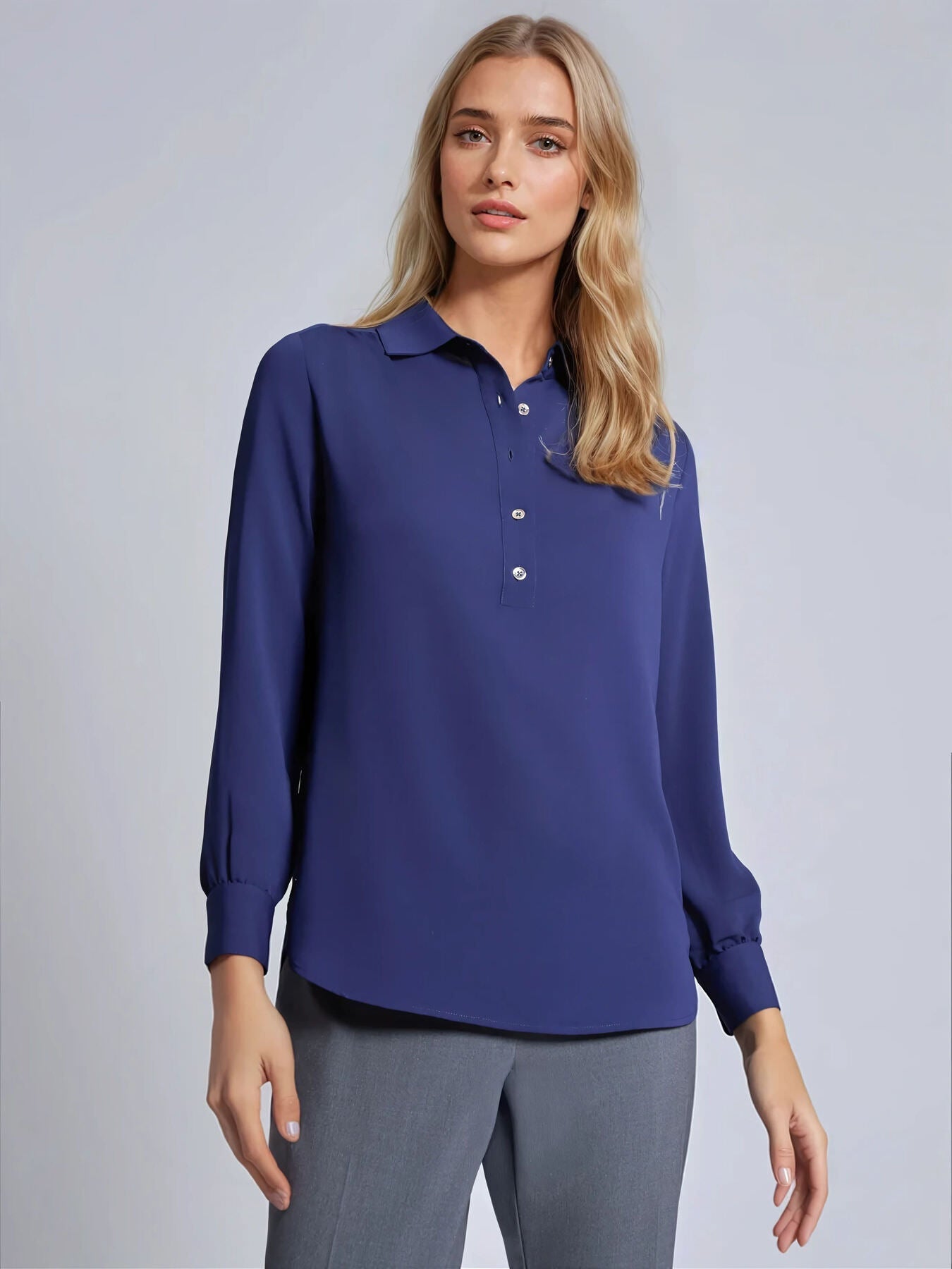 Long Sleeve Collared Popover Blouse, Crepe De Chine