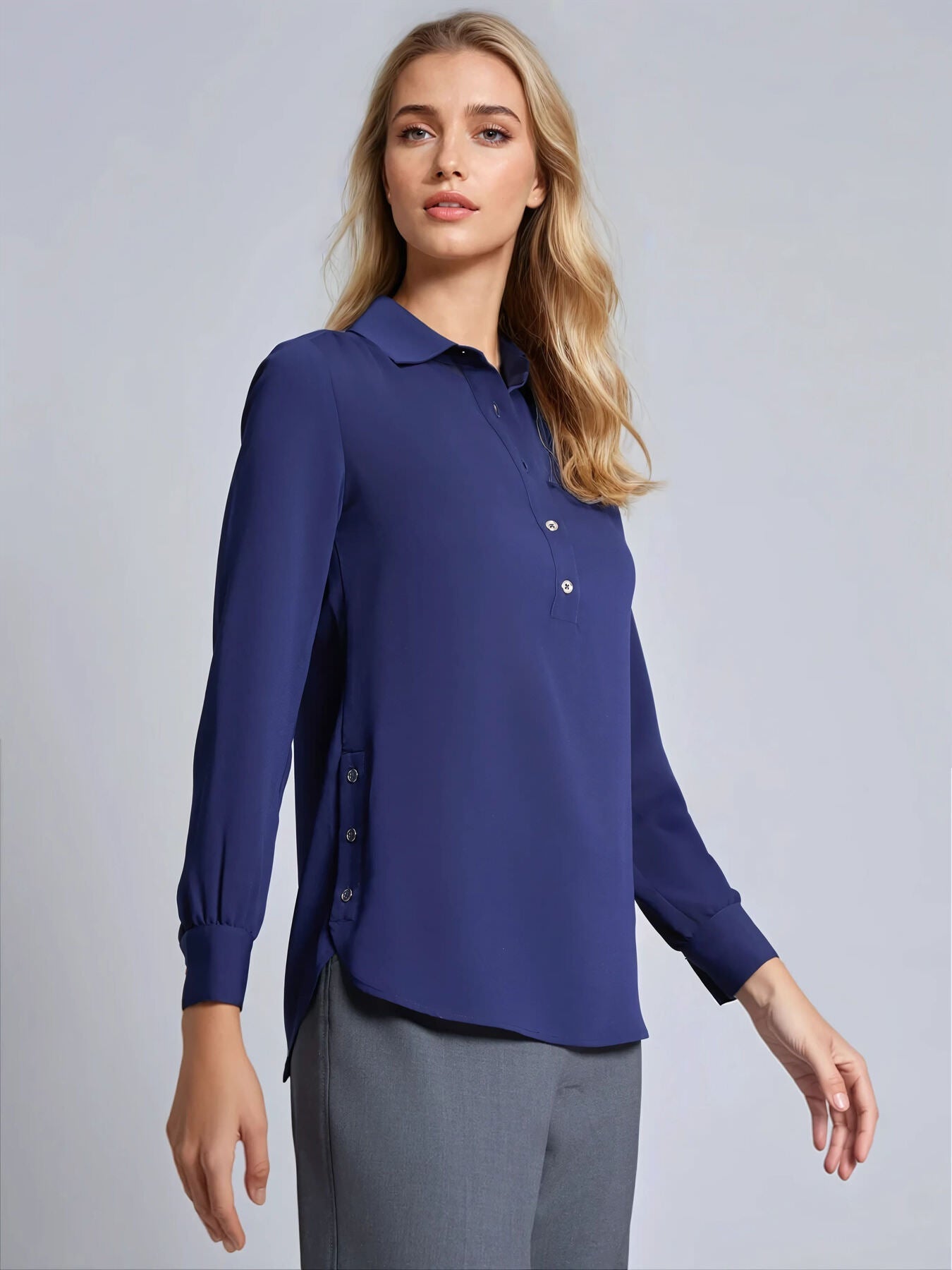 Long Sleeve Collared Popover Blouse, Crepe De Chine