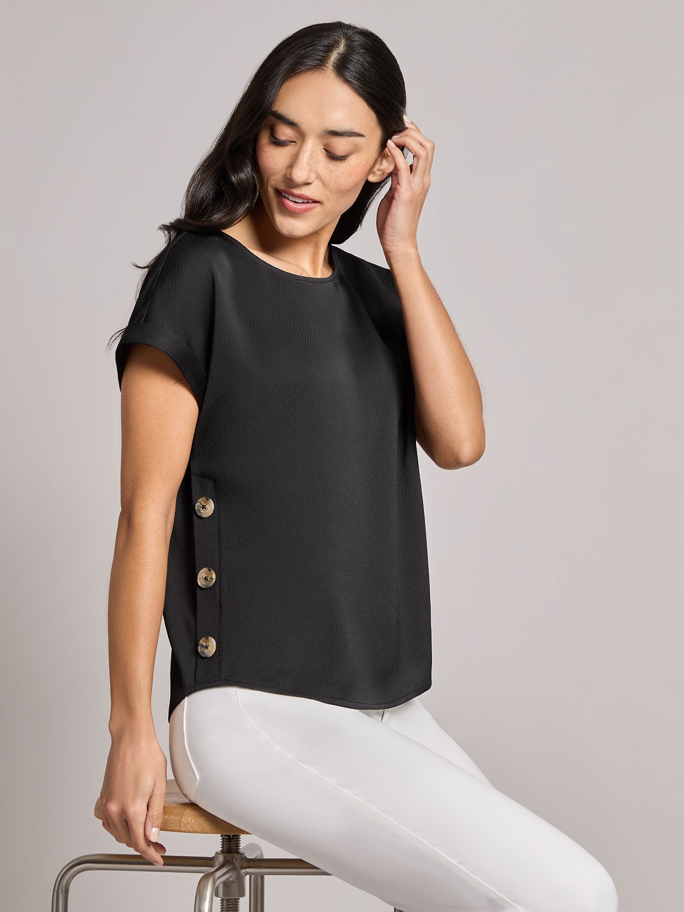 Button Detail Blouse, Hammered Satin