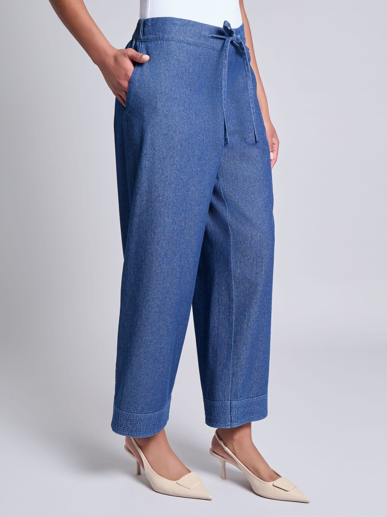 Petite Tie Waist Pant, Chambray