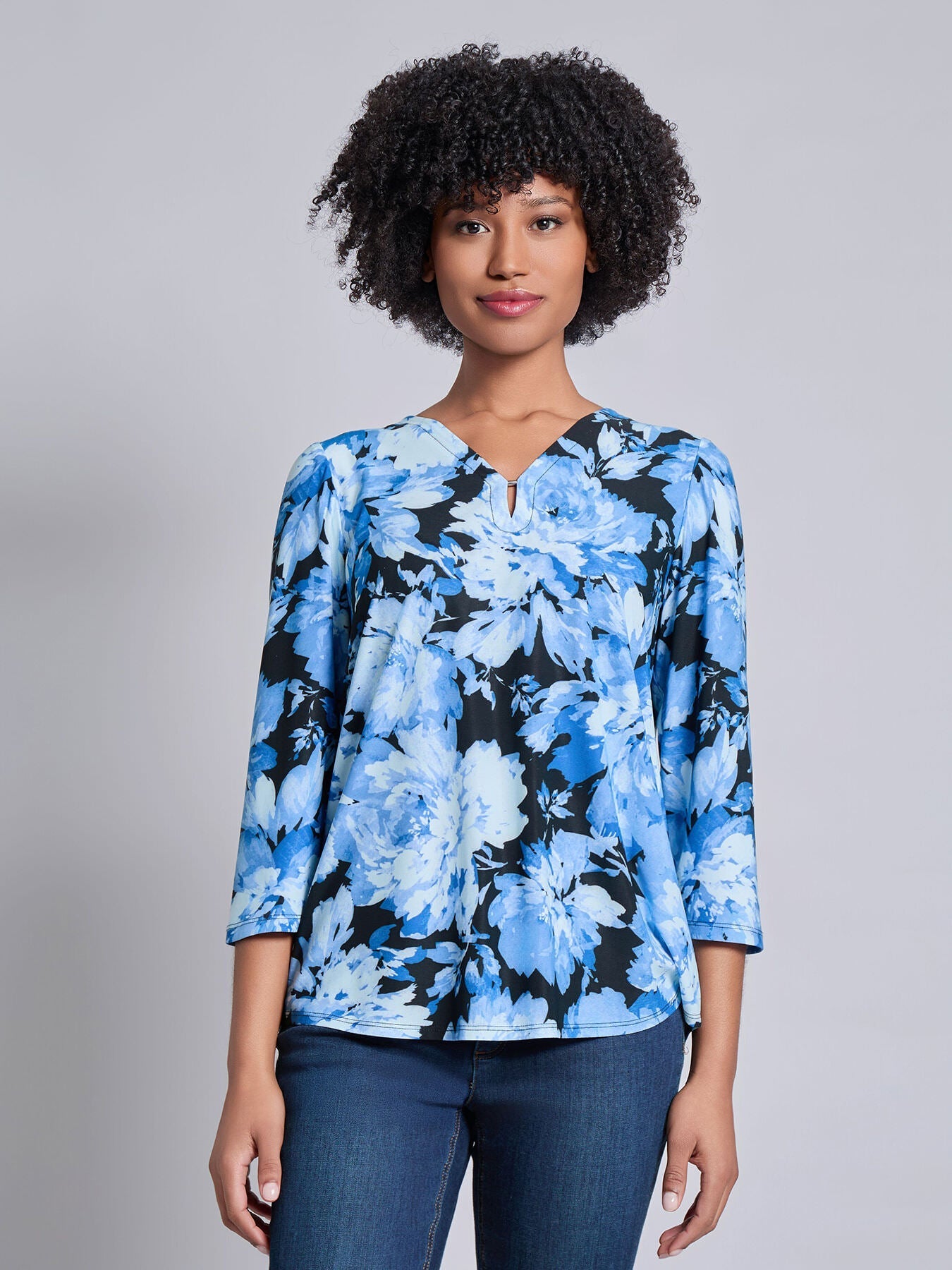 3/4 Sleeve Keyhole Neck Print Top, Moss Crepe