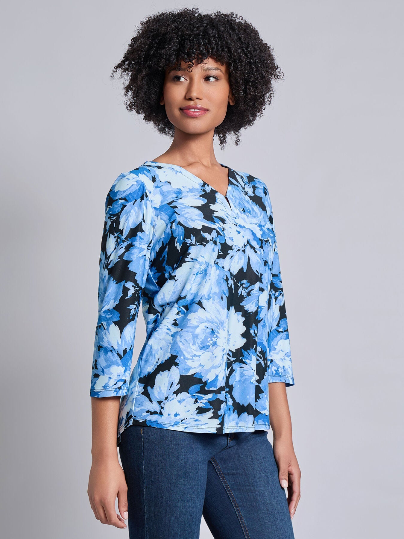 3/4 Sleeve Keyhole Neck Print Top, Moss Crepe