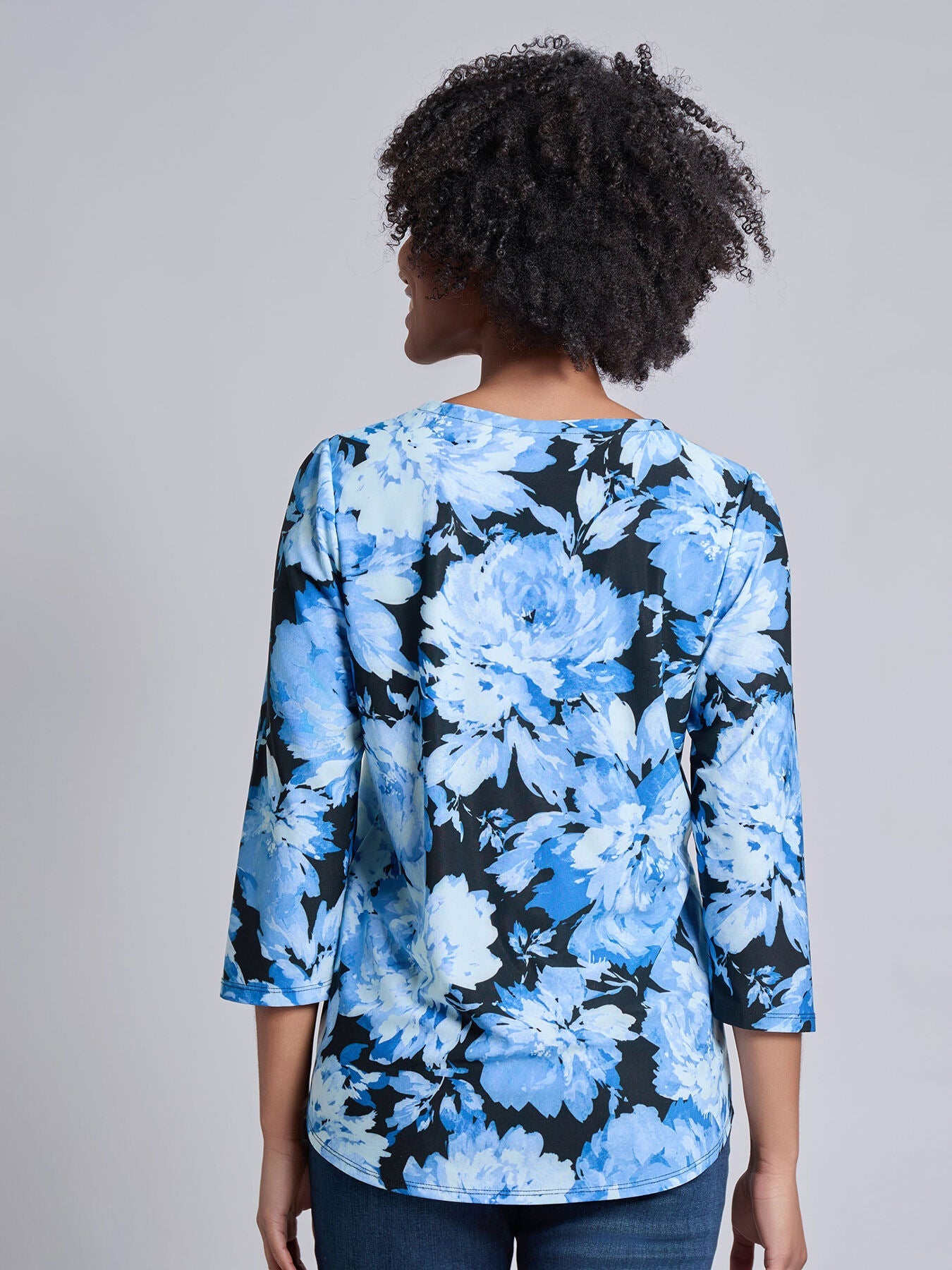 3/4 Sleeve Keyhole Neck Print Top, Moss Crepe