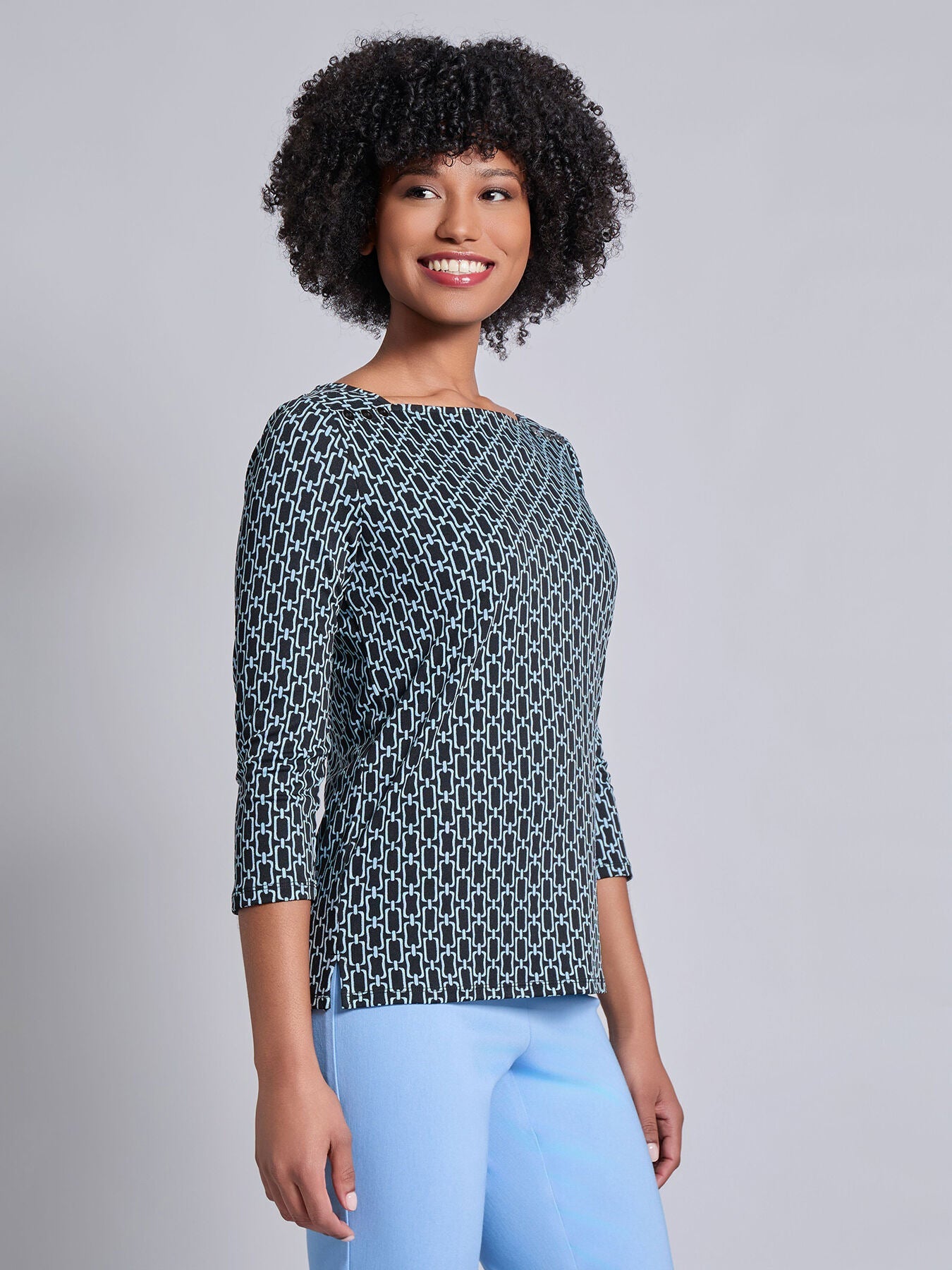 3/4 Sleeve Square Neck Blouse, Printed Moss Crepe