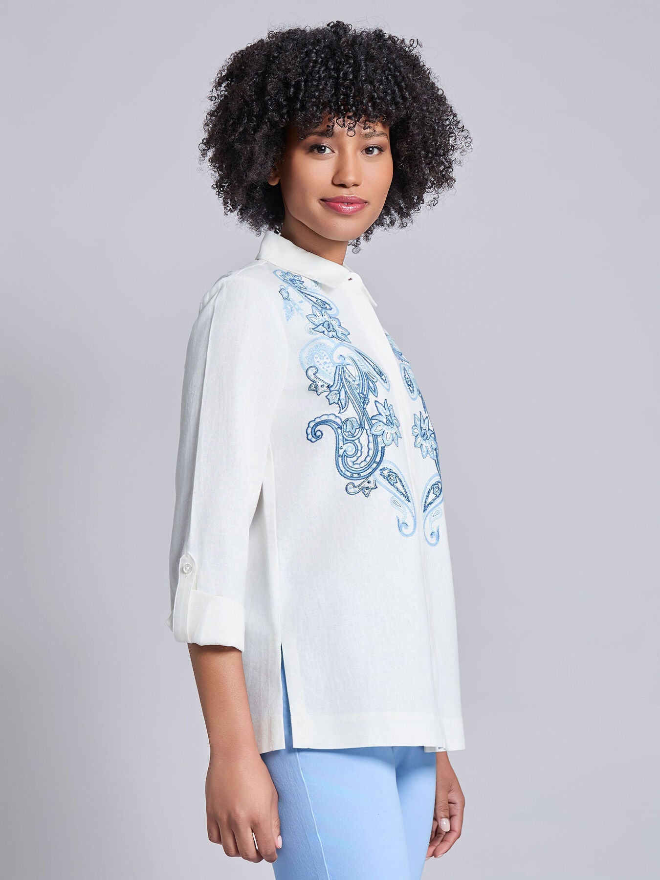 Button-Front Embroidered Blouse, Linen Blend