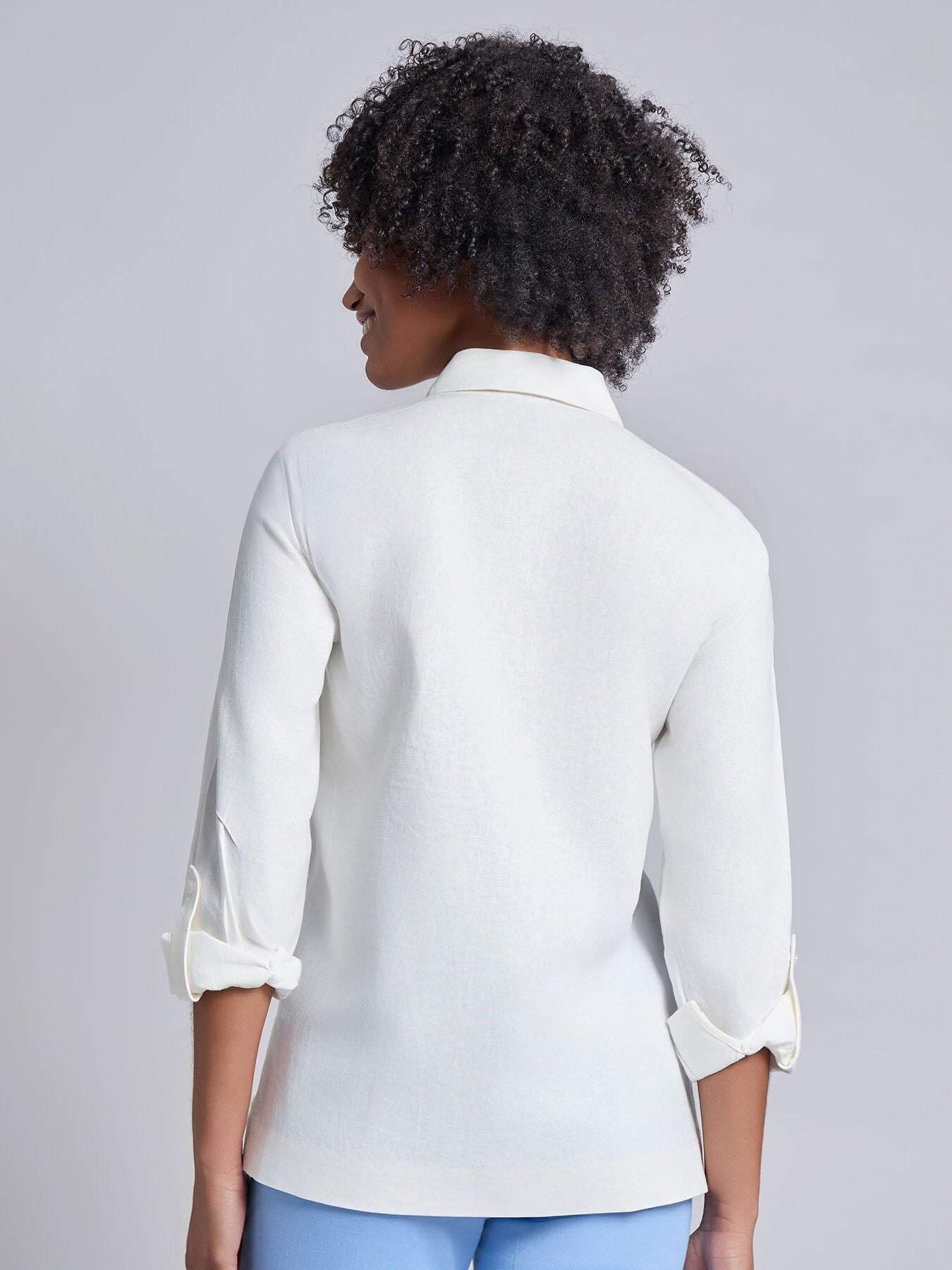 Button-Front Embroidered Blouse, Linen Blend