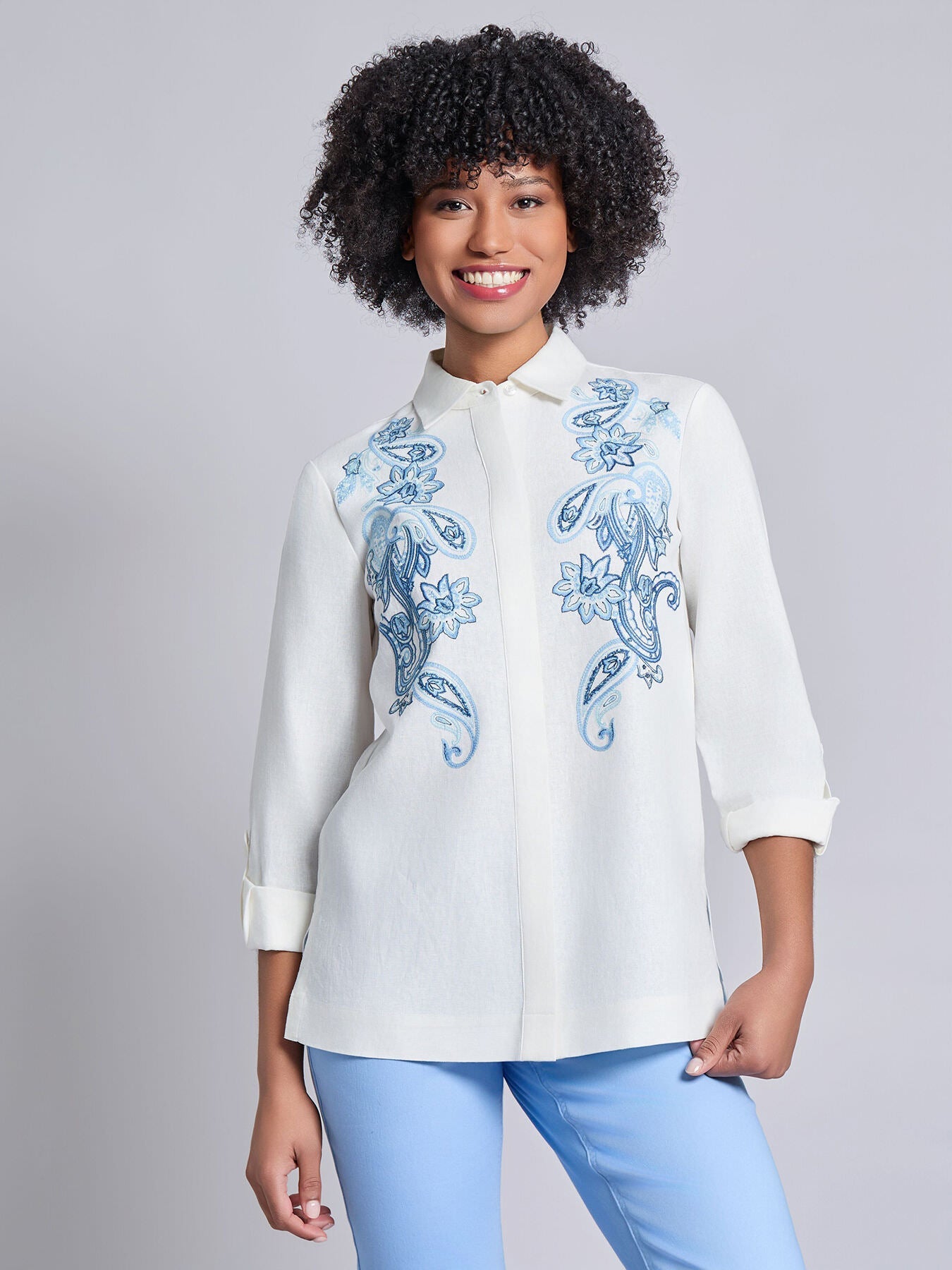 Button-Front Embroidered Blouse, Linen Blend