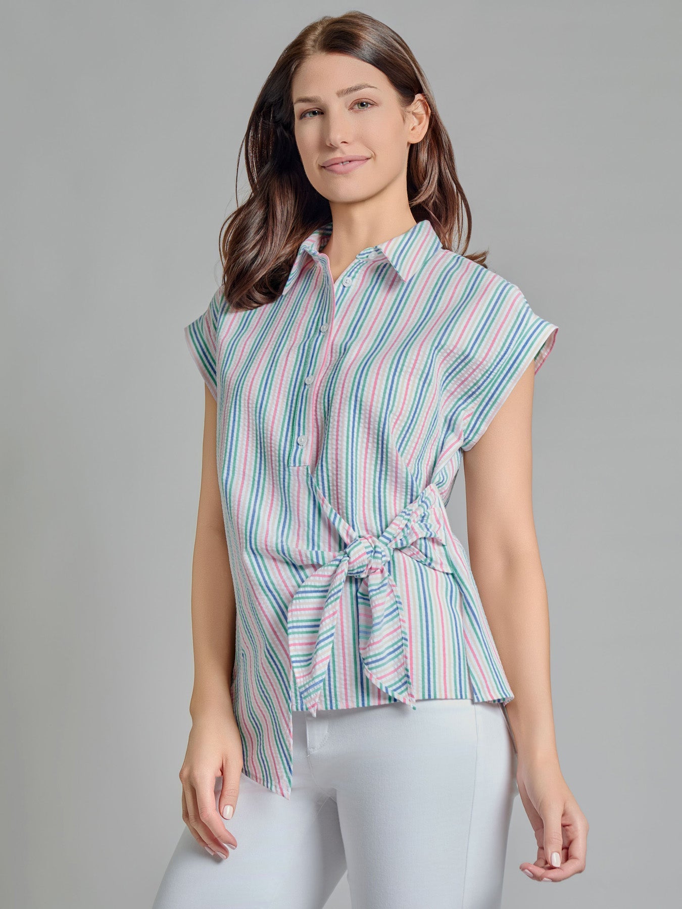 Button-Front Side Tie Blouse