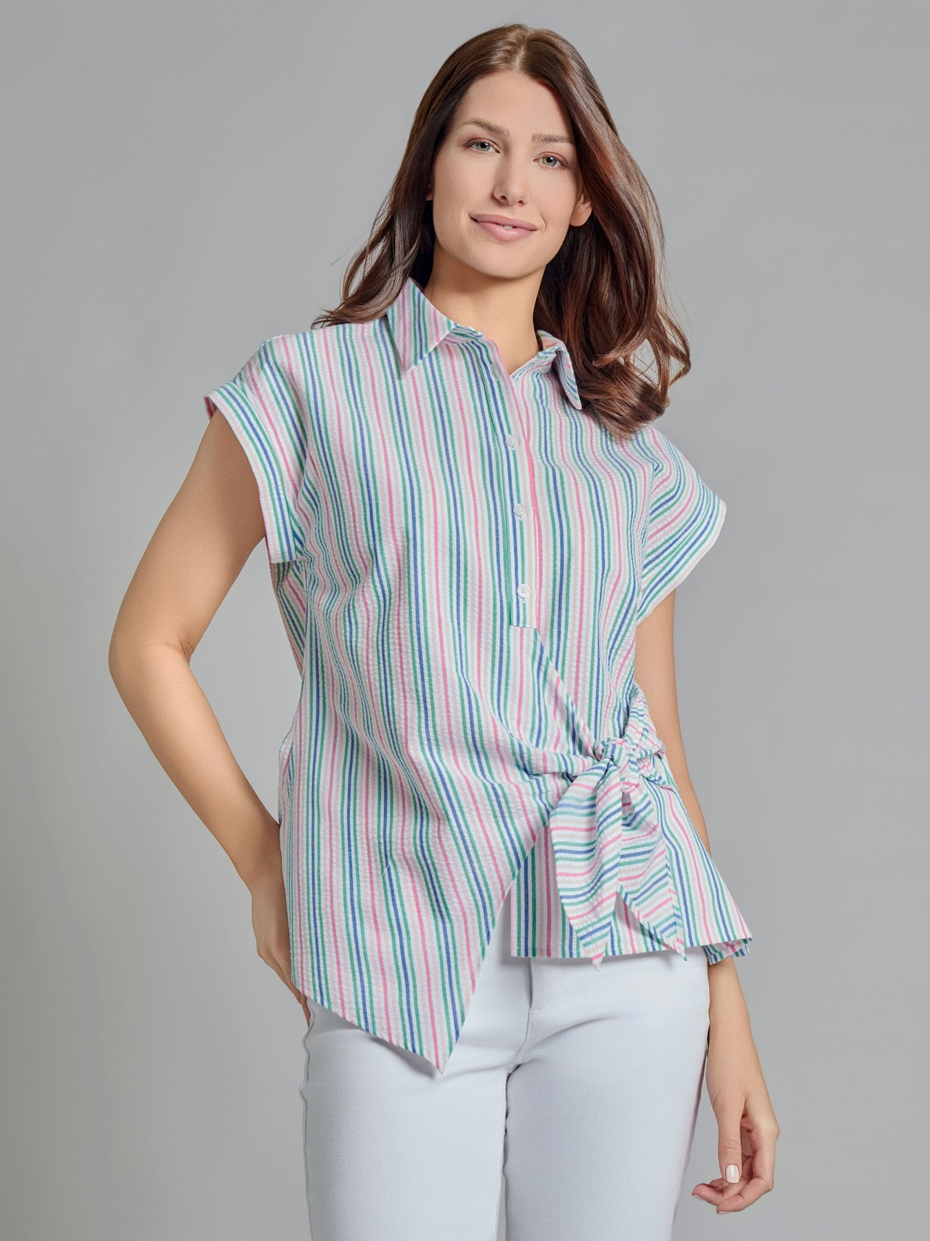 Button-Front Side Tie Blouse