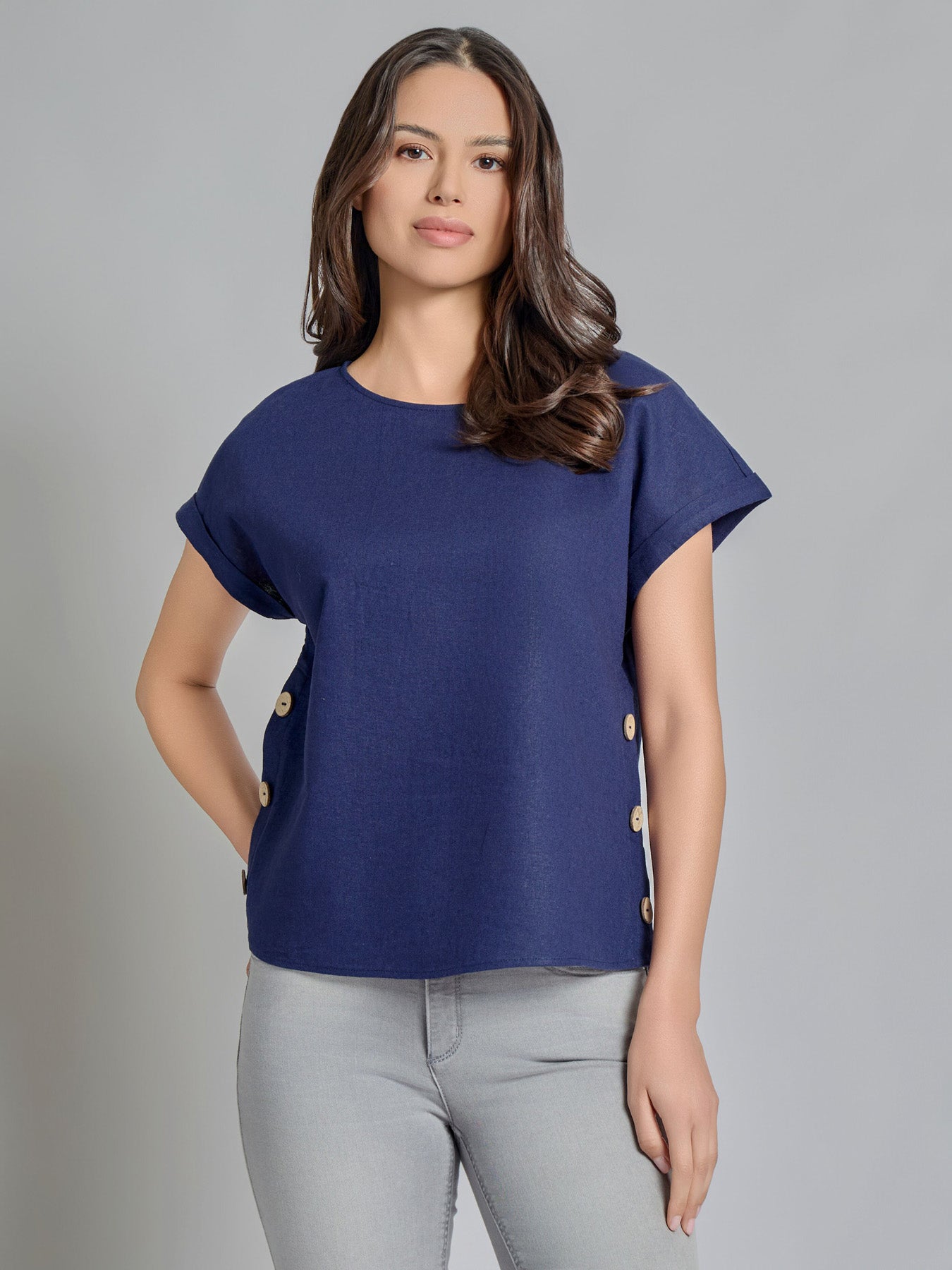 Button Detail Blouse, Linen Blend