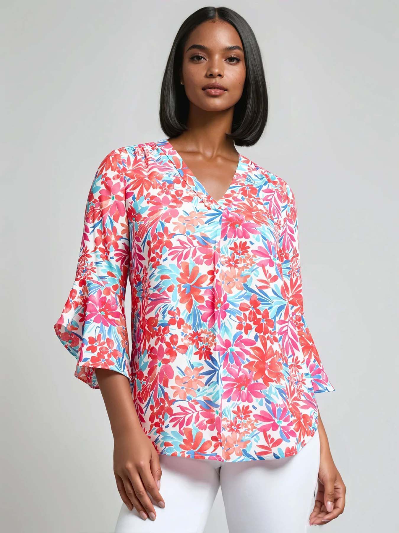 Flutter Sleeve Blouse, Floral Crepe de Chine