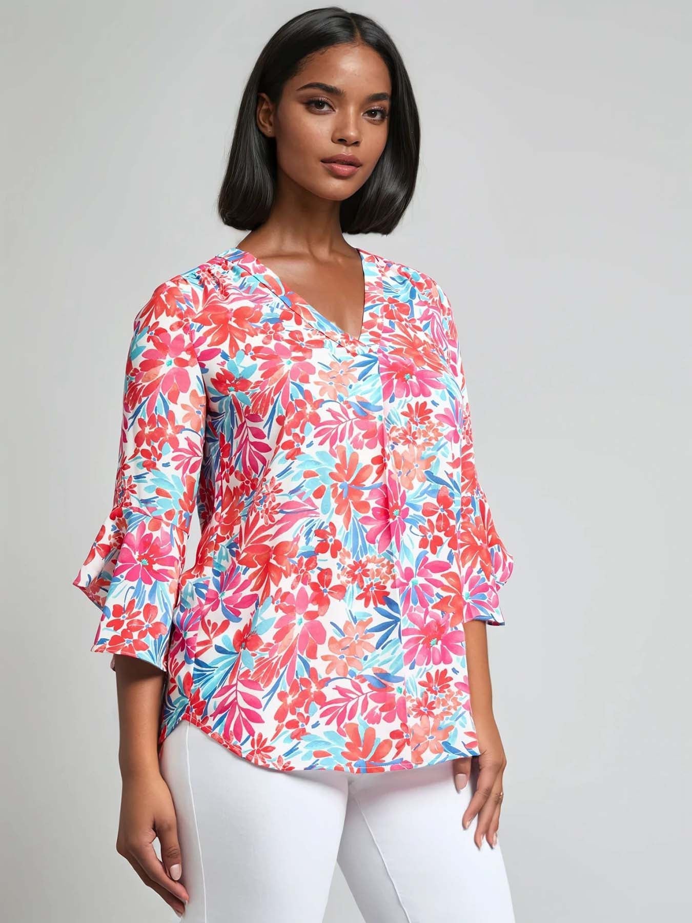 Flutter Sleeve Blouse, Floral Crepe de Chine