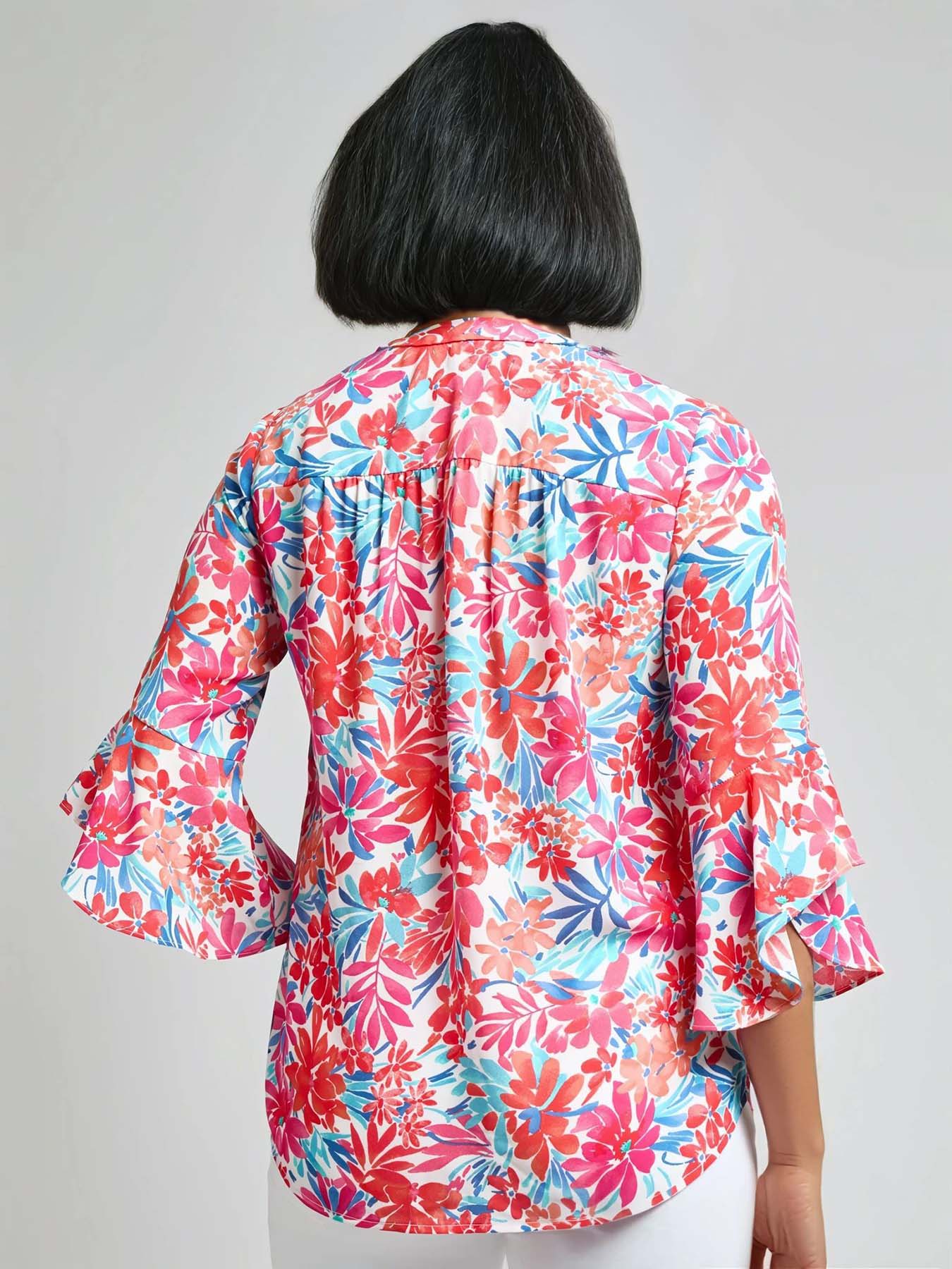 Flutter Sleeve Blouse, Floral Crepe de Chine
