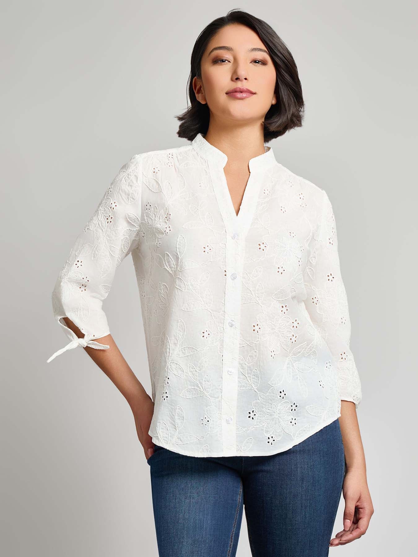Button Front Tie-Sleeve Shirt, Cotton Eyelet
