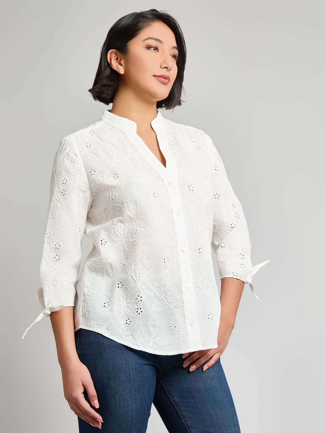 Button Front Tie-Sleeve Shirt, Cotton Eyelet