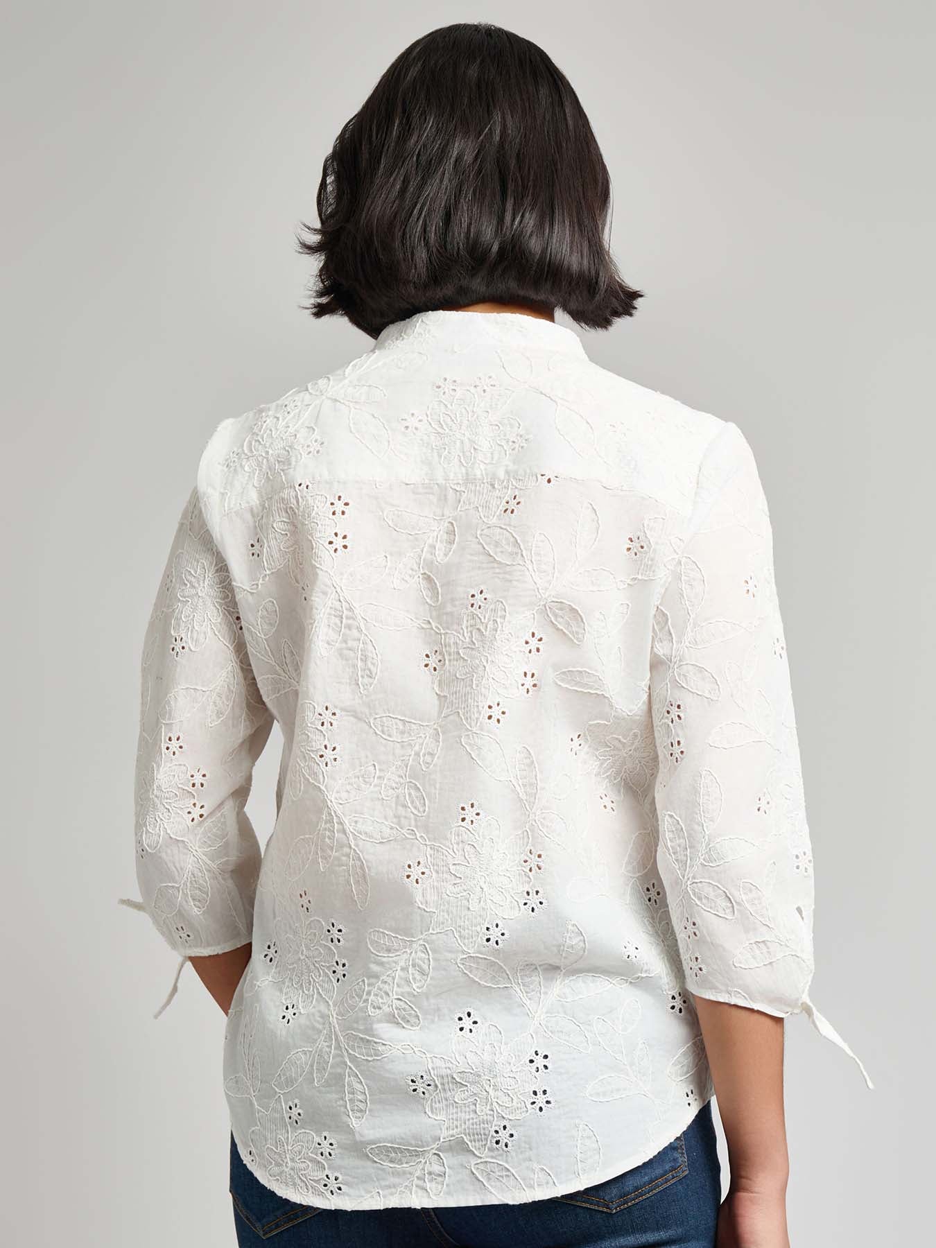 Button Front Tie-Sleeve Shirt, Cotton Eyelet