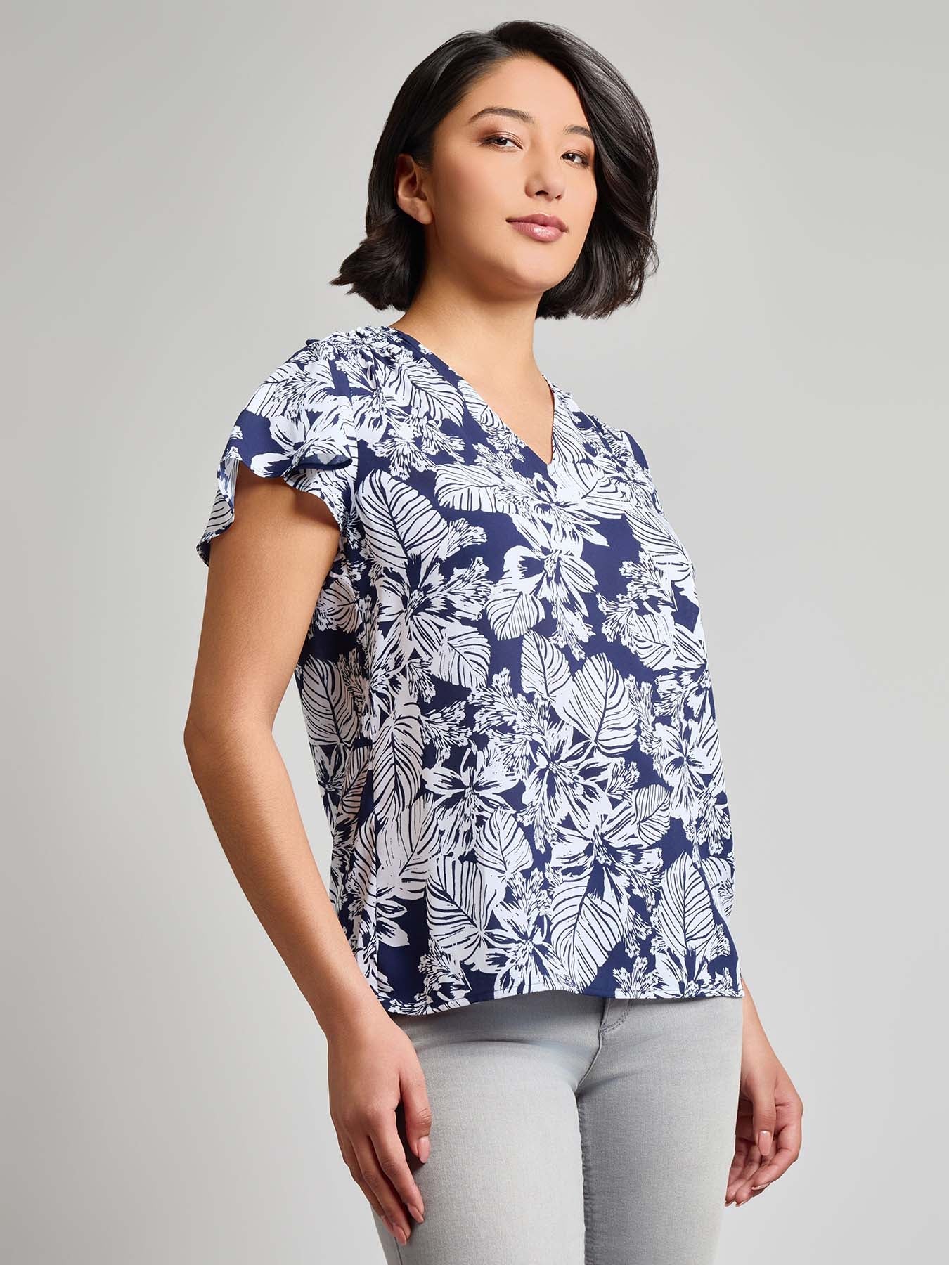 Flutter Sleeve V-Neck Blouse, Crepe de Chine
