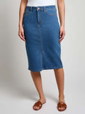 Denim Midi Front Slit Skirt, Indigo Pinstripe