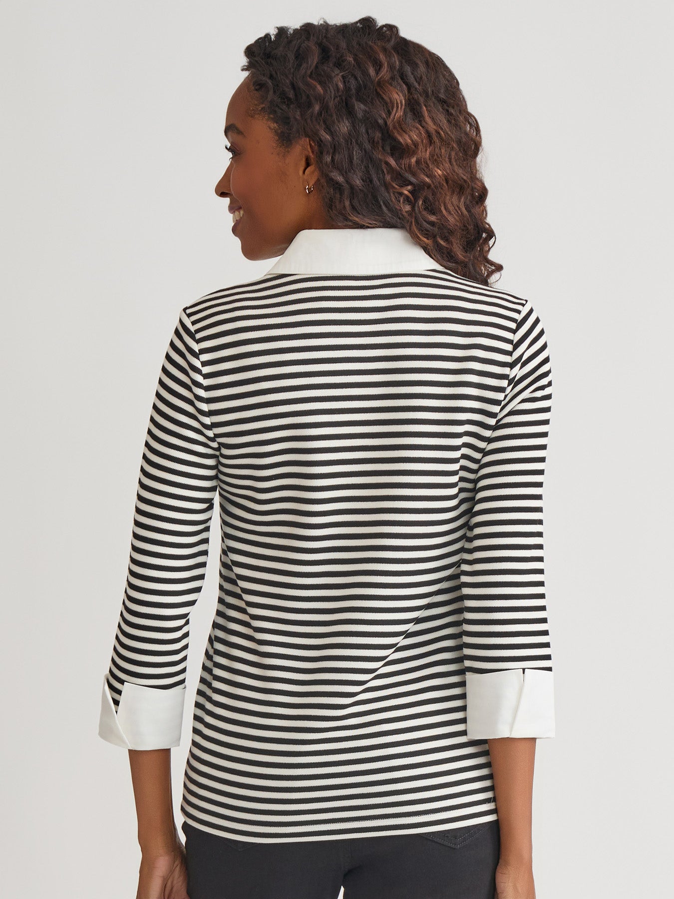 Collared Shirt V-Neck Two-Fer Stripe Top