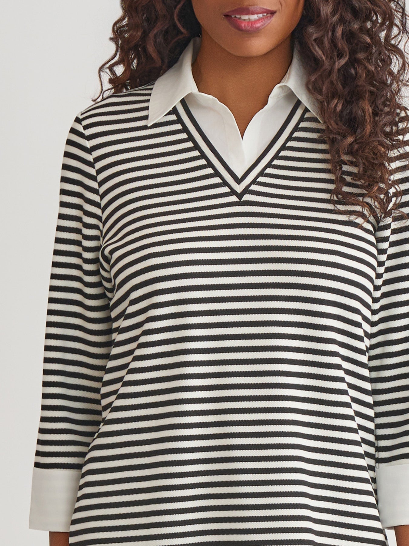 Collared Shirt V-Neck Two-Fer Stripe Top