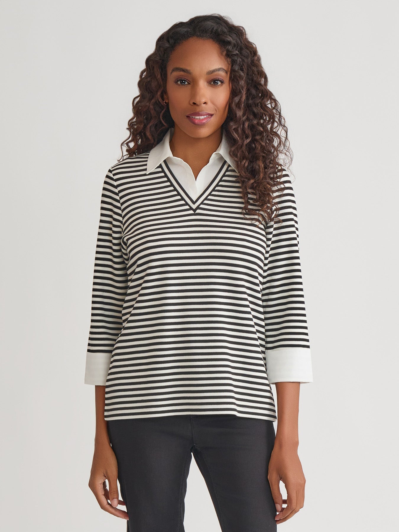 Collared Shirt V-Neck Two-Fer Stripe Top