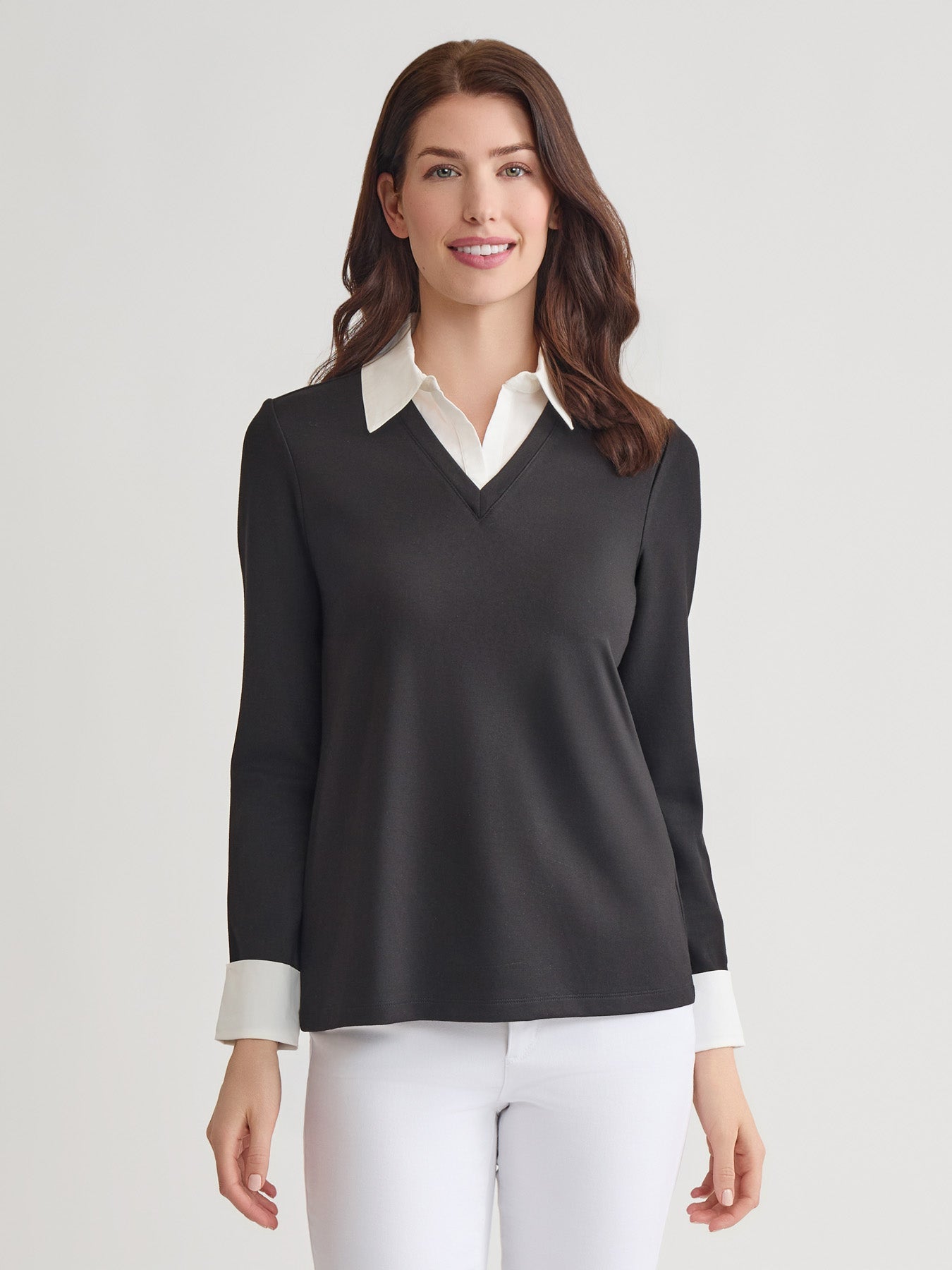 Collared Shirt V-Neck Two-Fer Top