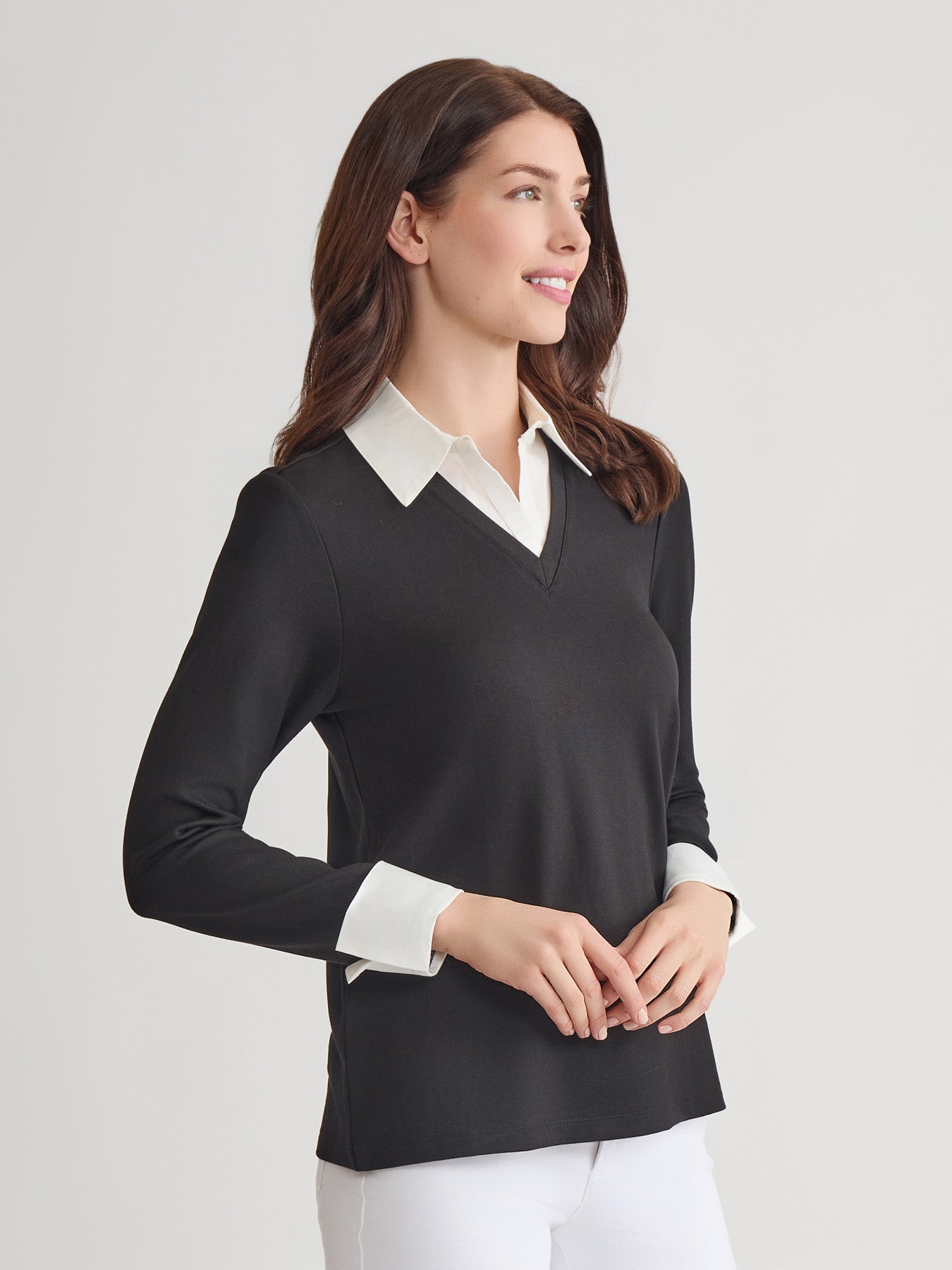Collared Shirt V-Neck Two-Fer Top