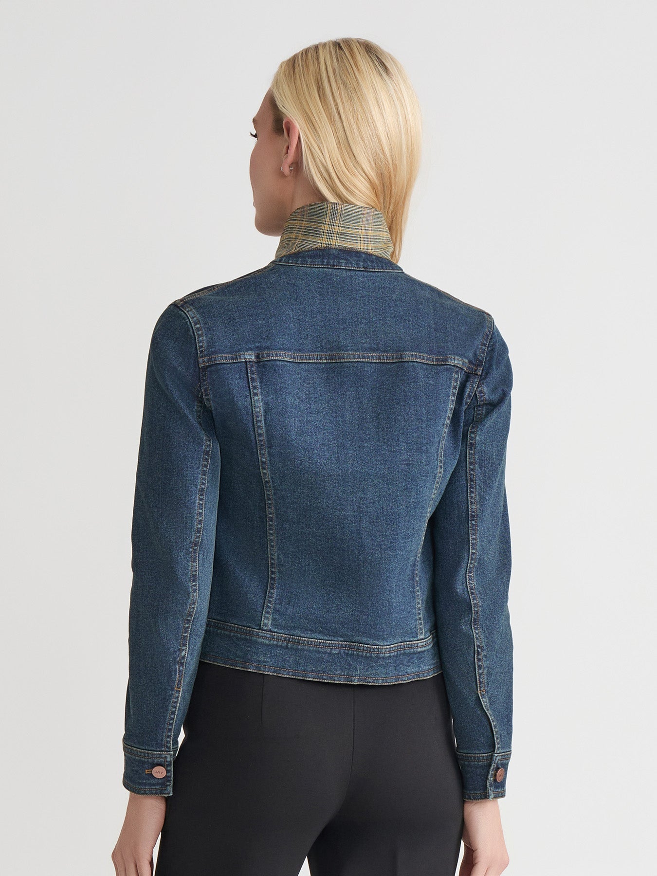 Houndstooth Trim Trucker Jacket, Stretch Denim