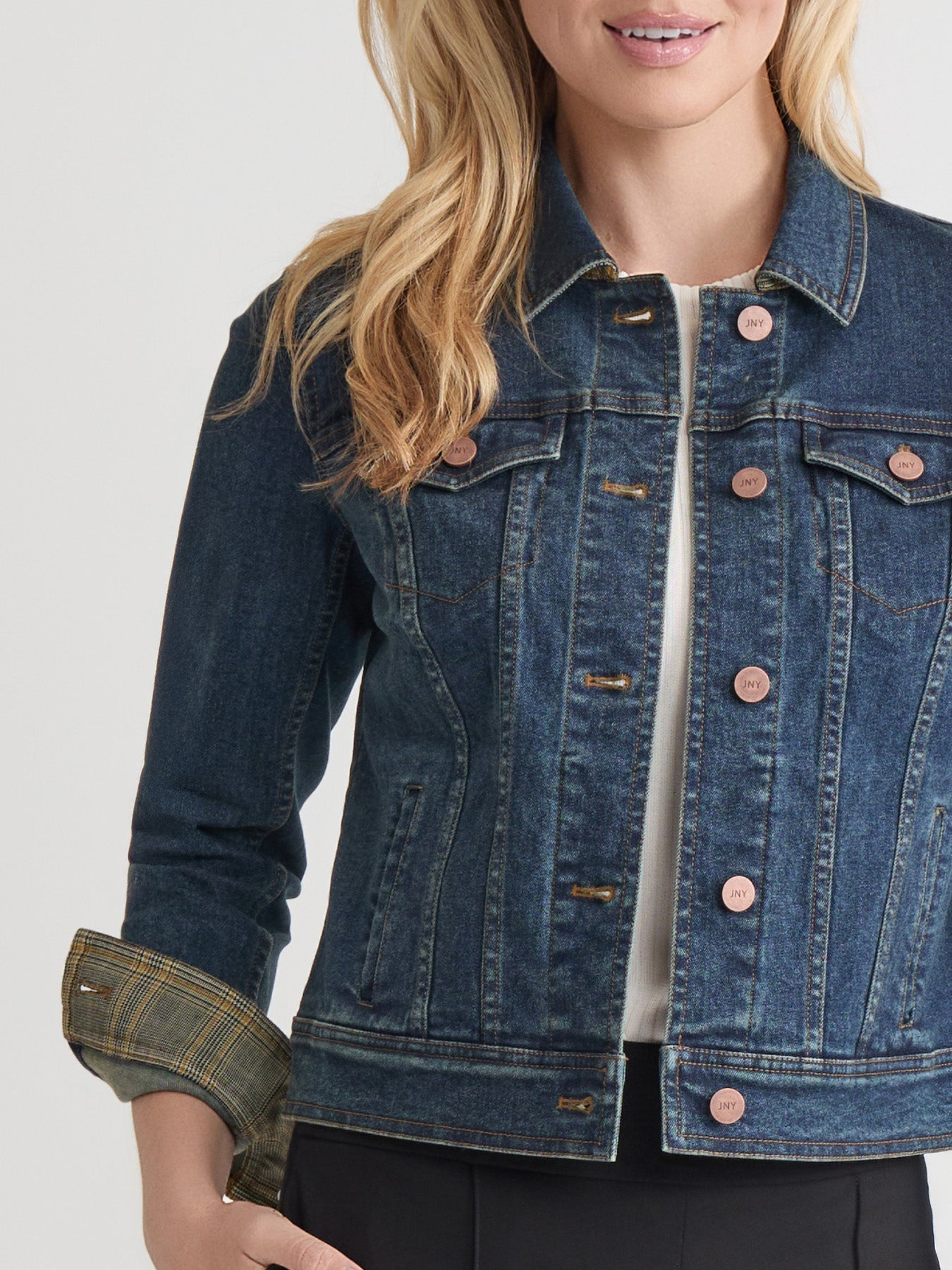 Houndstooth Trim Trucker Jacket, Stretch Denim