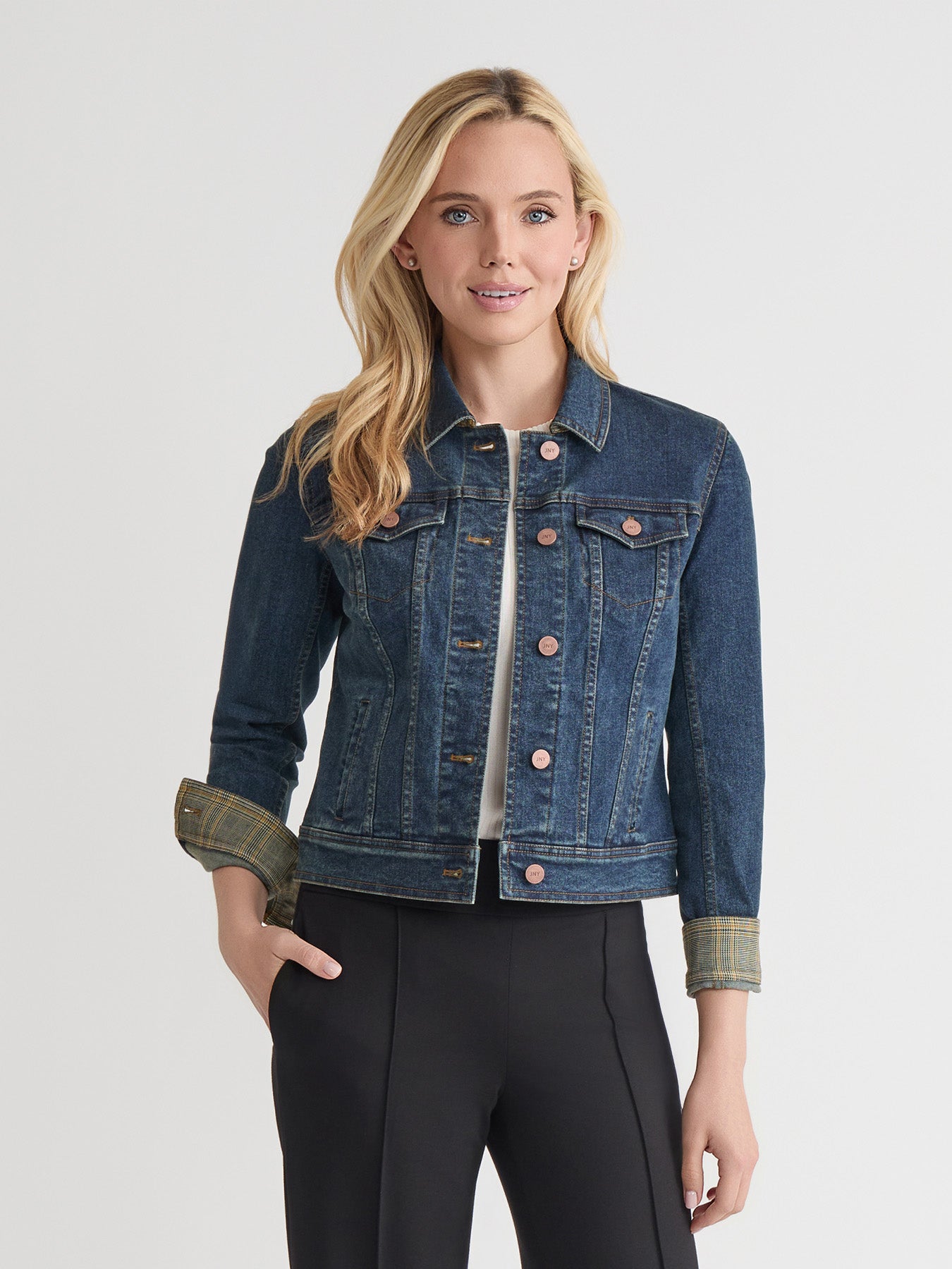 Houndstooth Trim Trucker Jacket, Stretch Denim