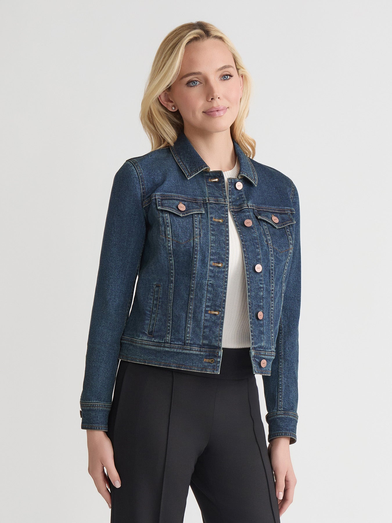 Houndstooth Trim Trucker Jacket, Stretch Denim